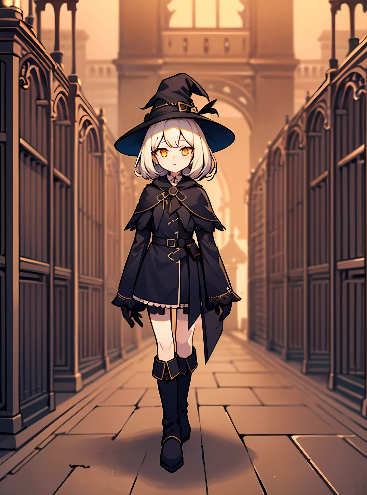 White hair, bangs, yellow eyes, witch, witch hat, fantasy, fantasy style, black robe, Victorian clothes, aristocratic clothes, long leather boots, black tights, jabot, library, lace cuffs, black elements of clothing, red elements of clothing, white elements of clothing, yellow elements of clothing, sunlight, dim light