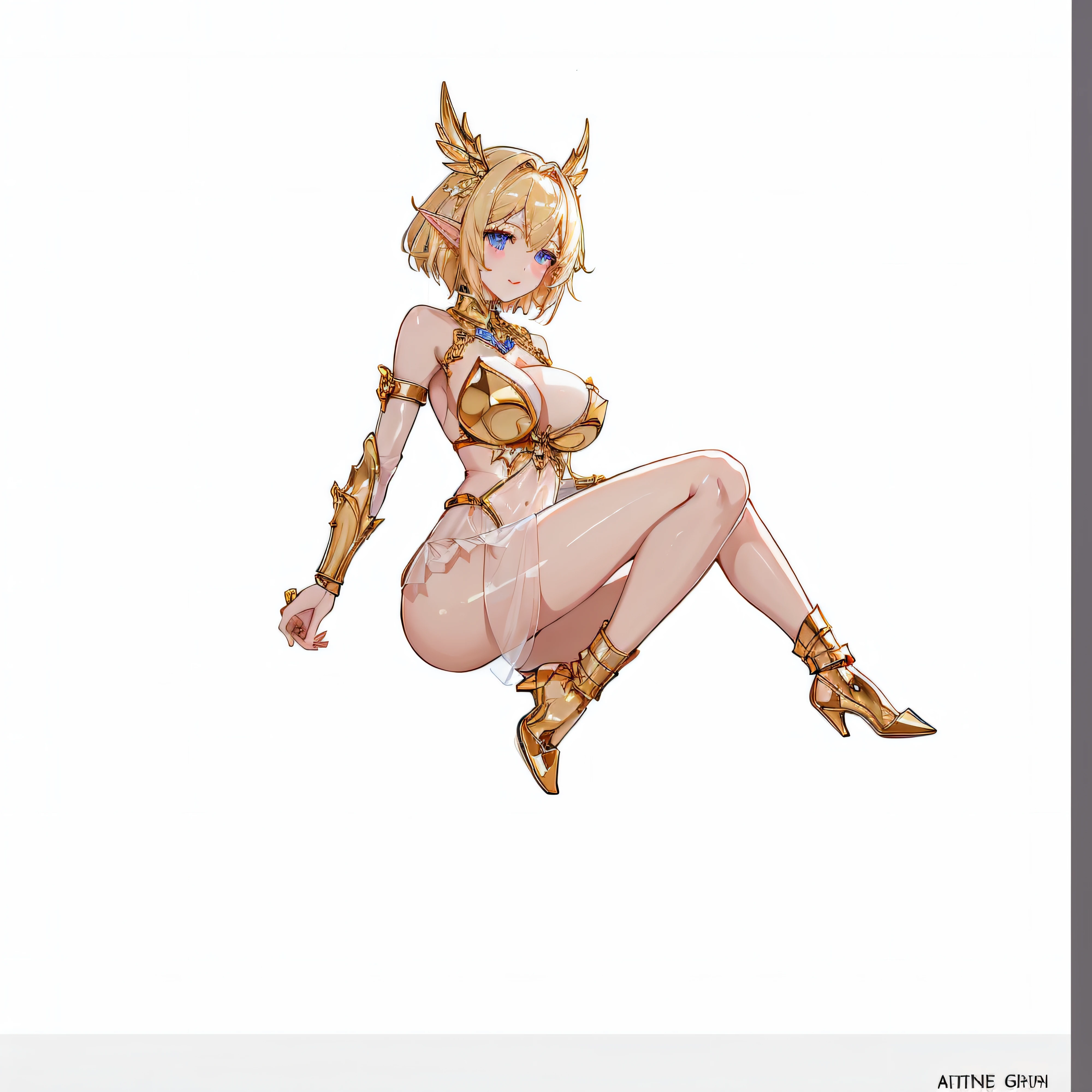 White panty、extremely transparent skirts、Full body like、A smile、Very slender、Anime girl with blonde hair and gold armor posing naked、anime girl with a very big breast and a very big breast、Elven Girl、anime goddess、Perfect Style、The fleshy feeling of whip、short-hair、a blond、Blue eyes、alluring elf princess knight、Very open chest、oppai proportions、(Exposed seductive attractive cleavage:1.3)、teats、You can almost see the areola、Wet sheer skirt、Ultra-thin skirt、Ecchi anime style、Glittering golden armor、Angel Smile、angelic golden armor、Glamorous bikini armor、Beautiful fingers、Gold hair ornament、Gold bangles、Gold ankles、Gold Long Boots、Girl in armor、Sexy body、Emphasizes cleavage