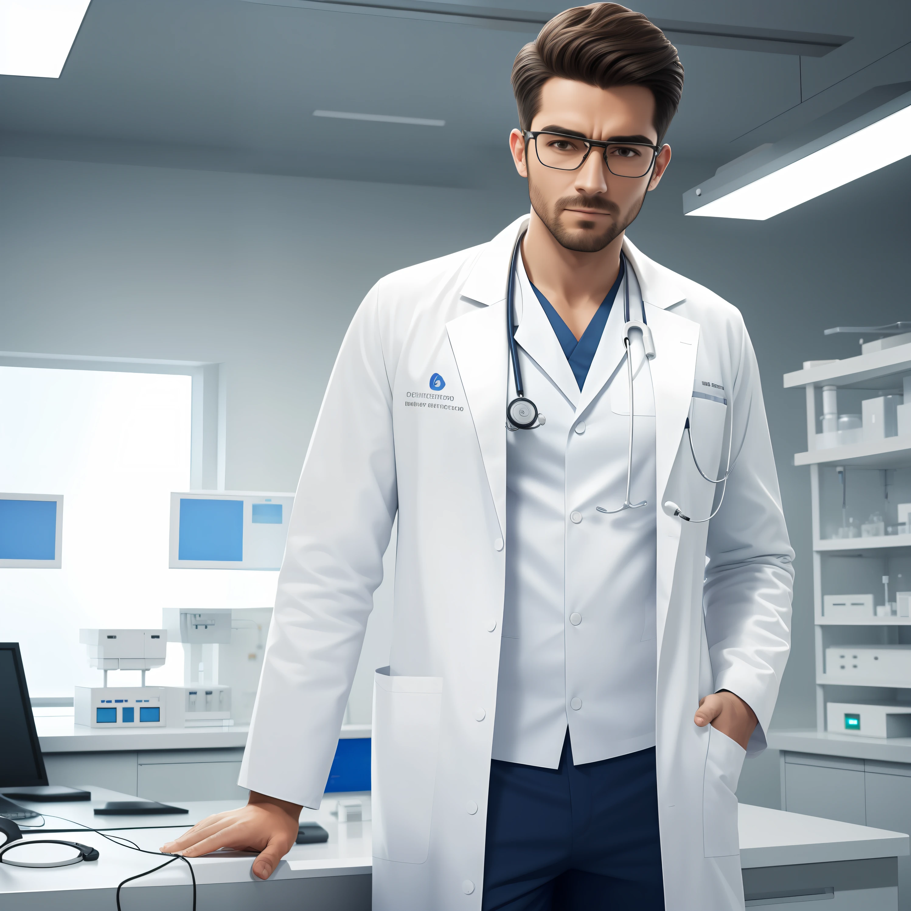 Man wearing white doctor's coat, with medical accessories in the lab coat, imagem de corpo todo, cinematico 8k, olhando para camera, with hands in pockets, camiseta branca por baixo do jaleco, usando oculos de grau