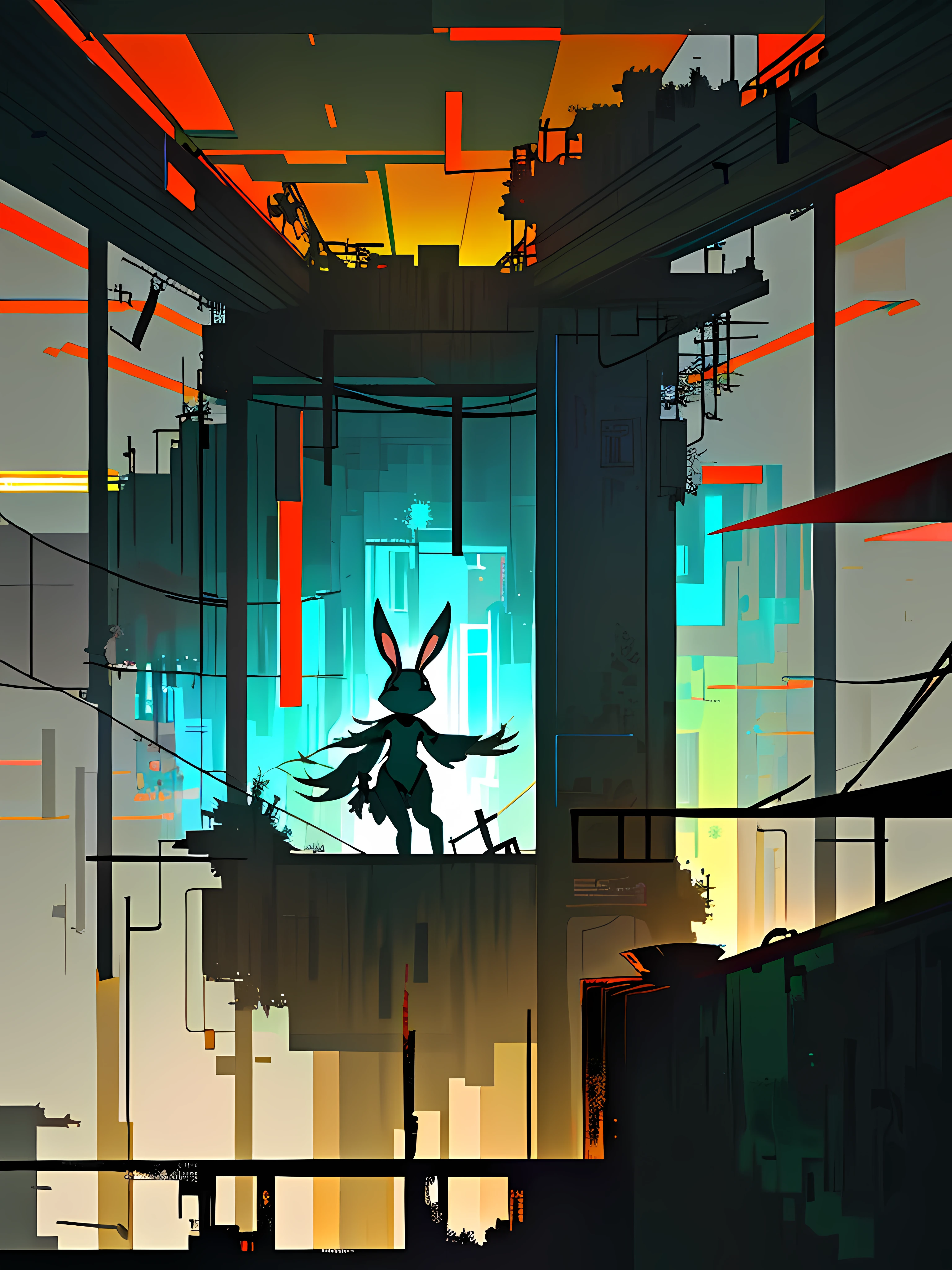 (blame! style abandoned tech landscape), (Zen, Amy Sol style), (underground, dark, foggy, perilous, abandoned dystopian apartment bedroom, deep windows), (abstract anthro rabbit figure wearing bunny ears), cover art with light abstraction, abstract, simple vector art, contemporary Cybernetic art, color gradients, soft color palettes, layered forms, whimsical animation, style Ethereal abstract, 4K, --v6