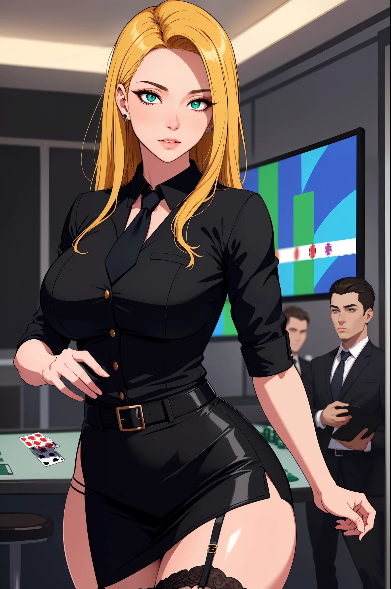 (masterpiece, highres, best quality:1.2), 8K, highly detailed, intricate, colorful, vibrant image, sharp focus, cinematic) blonde hair, long hair, green eyes, body builder (Wearing black business outfit, black_collared shirt cropped jacket ,tie,necktie,black frilled skirt, garter straps, leather waist belt) (big perfect round breasts,hourglass body, thin waist,very thin waist, Photo realistic,(hyperrealistic:1)beautiful, masterpiece, best quality, extremely detailed face,perfect face,beautiful face, perfect lighting,detailed eye makeup, detail face, nice detailed eyes,nice hands, perfect hands,glowing eyes (realistic pupils,realistic iris:1) heavy eye makeup,(empty Casino)(Posing dynamically)