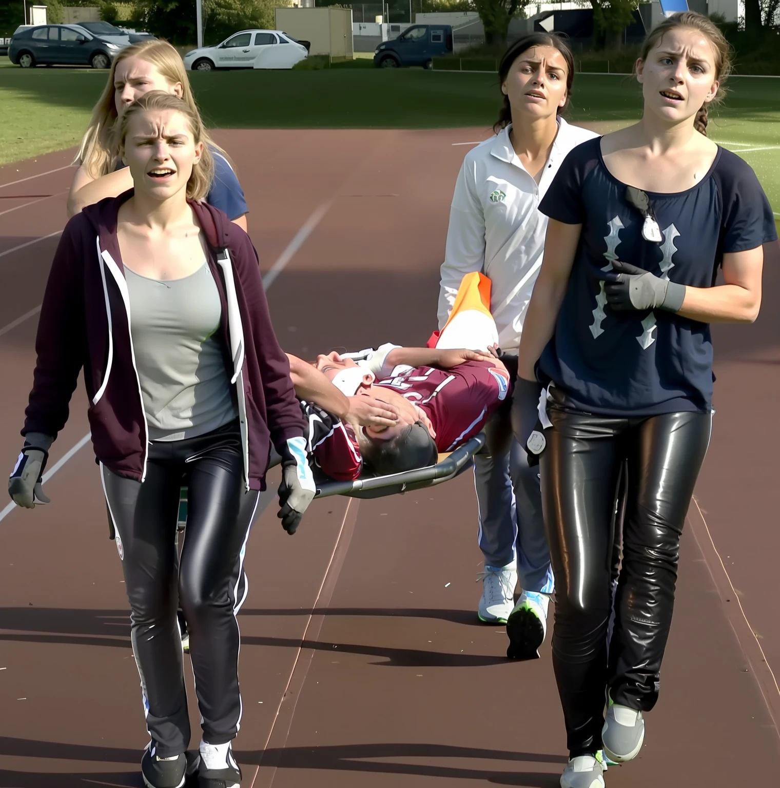 a soccer scene in a german sports stadium, injury scene in a sports stadium, stretcher carry, an injured soccer player is lying head first on his back on a stretcher and is covering his head with the hand, there are four young schoolgirls in shiny leather-trousers carrying a stretcher, there are four longhaired schoolgirls in high-shine latex-leggings who are carrying a stretcher in a german sports stadium, there is a wounded male soccer player in a short sports outfit lying head first on the stretcher, an injured male soccer player is lying head first on his back on a stretcher and is covering his agonised face with a hand, a soccer player is rearing up in intense pain while lying head first on his back on a stretcher and covering his head with a hand, dramatic scene, theatralic posing scene, dramatic pity scene, injury soccer, first aid, help, pity, there are four very angry looking schoolgirls in shiny latex-trousers who are looking very sad and very terrified and very shocked, the injured soccer player is screaming out in pain while he is carried from the pitch on a stretcher