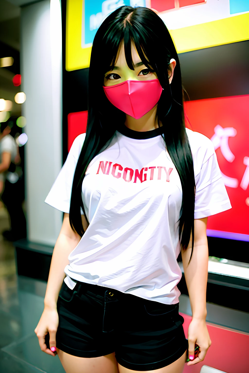 nightcity、large full breasts、tshirts、Staring at this、A Japanese Lady、kawaii、top-quality、​masterpiece、Black Long Hair、shortpants、An ultra-high picture quality、realisitic、