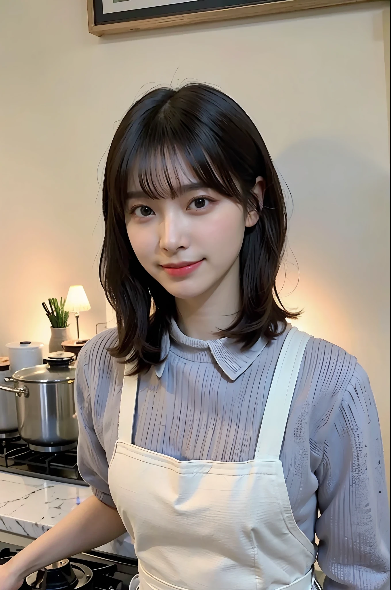 a woman is cooking、(kitchin_Apron:1.Wear 3)、Good Hand、4K、hight resolution、​masterpiece、top-quality、Cap:1.3、((Hasselblad photo))、Fine skin、foco nítido、(lighting like a movie)、Soft lighting、dynamic ungle、[:(详细的脸:1.2):0.2]、Medium chest、sweats streamed skin:1.2、(((In the kitchen))) A smile　Viewer's Perspective　Colossal tits　Beautiful body　Her hair is neatly tied