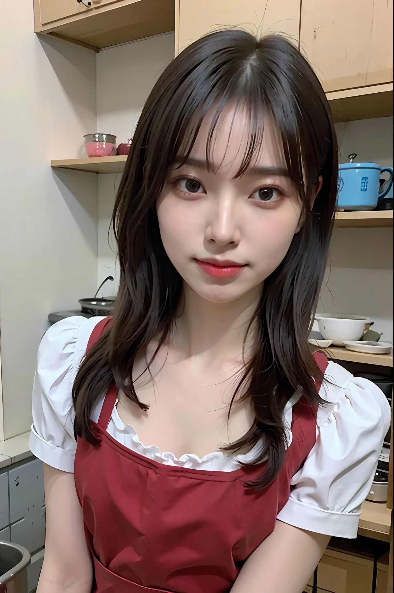 a woman is cooking、(kitchin_Apron:1.Wear 3)、Good Hand、4K、hight resolution、​masterpiece、top-quality、Cap:1.3、((Hasselblad photo))、Fine skin、foco nítido、(lighting like a movie)、Soft lighting、dynamic ungle、[:(详细的脸:1.2):0.2]、Medium chest、sweats streamed skin:1.2、(((In the kitchen))) A smile　Viewer's Perspective　Colossal tits　Beautiful body　Her hair is neatly tied