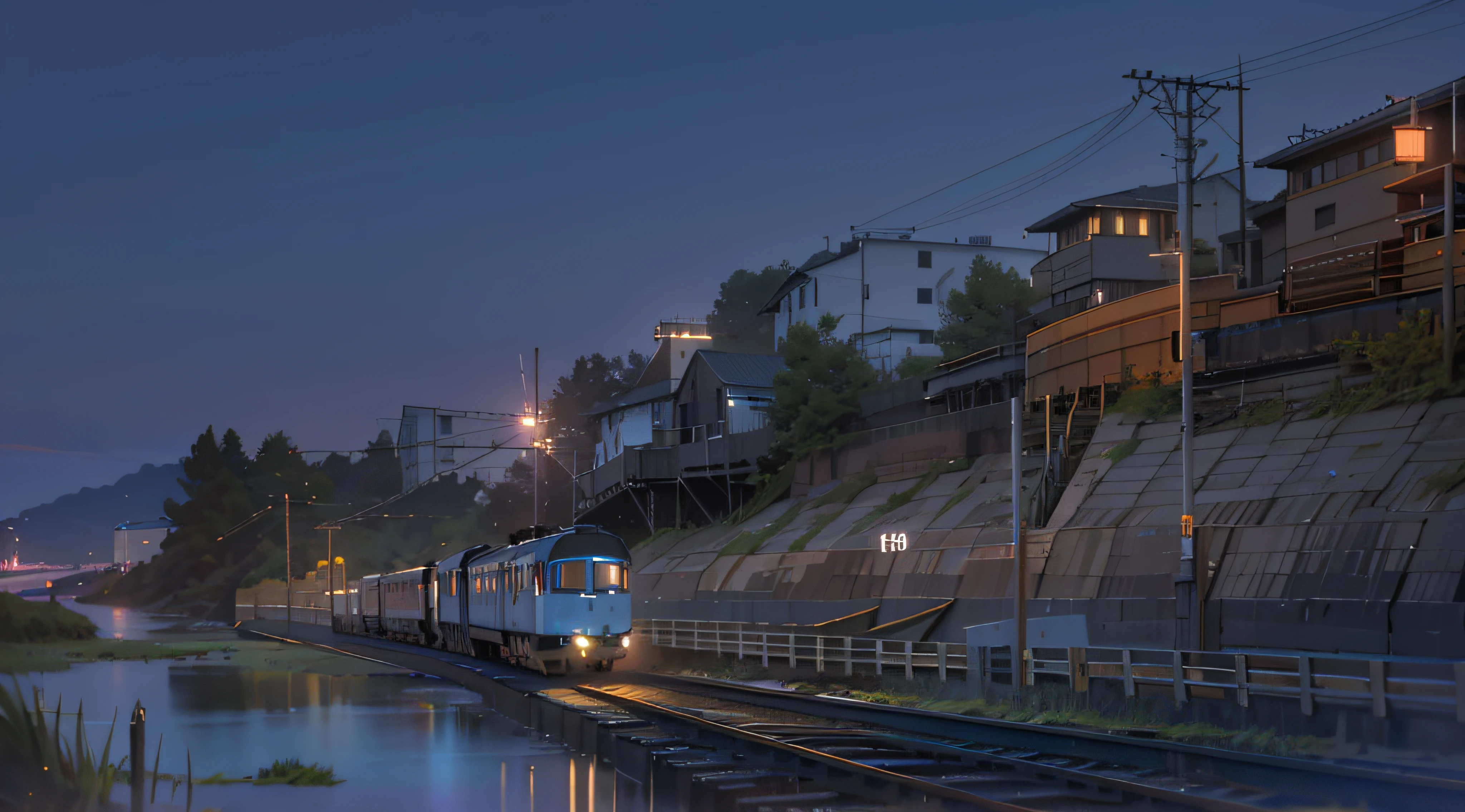 There is a train running on the tracks at the water's edge, long exposure 8 k, cinematic shot ar 9:16 -n 6 -g, Movie mistress, leica 8k still from an a24 film, lofi feel, slow exposure hdr 8 k, 8k 28mm cinematic photo, 8k hdr dusk light