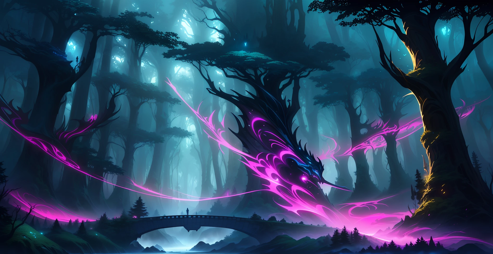 anime, a man standing on a bridge in a dark forest, epic fantasy digital art style, fantasy forest, magical fantasy forest, digital 2d fantasy art, enchanted magical fantasy forest, fantasy art style, fantasy art behance, fantasy forest landscape, fantasy digital painting, a fantasy forest, epic fantasy art style, enchanted and magic forest, detailed digital 2d fantasy art