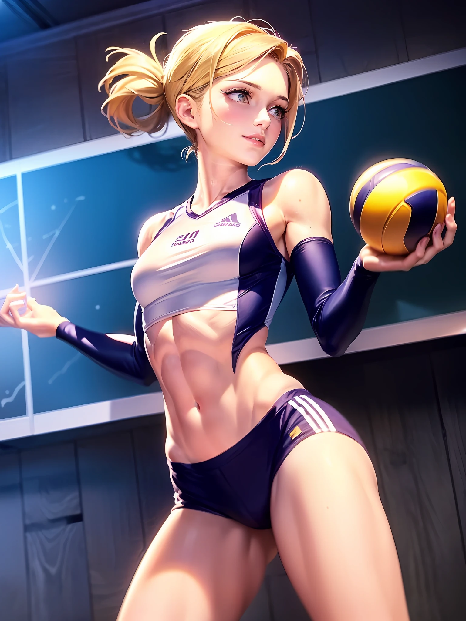 ((medium breasts⁩, Beautiful Girl, small head)), Daylight, Sunlight, (Chiseled abs : 1.1), (Perfect body : 1.1), (Wavy Hair : 1.2) , Black Long Hair, nice legs, Wearing a volley ball uniform ,  (Very detailed CG 8k wallpaper), (extremely delicate and beautiful), (masutepiece), (Best Quality:1.0), (Ultra High Resolution:1.0),  Beautiful lighting ,Perfect Lightning, Realistic Shadows, [hight resolution], Detailed skin, Ultra-detailed,Volleyball Venues