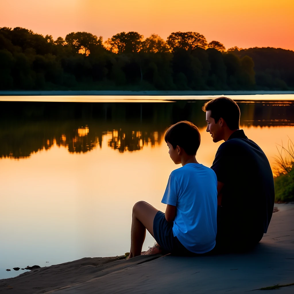 a quiet lake at sunset, a father and son sitting by the water's edge