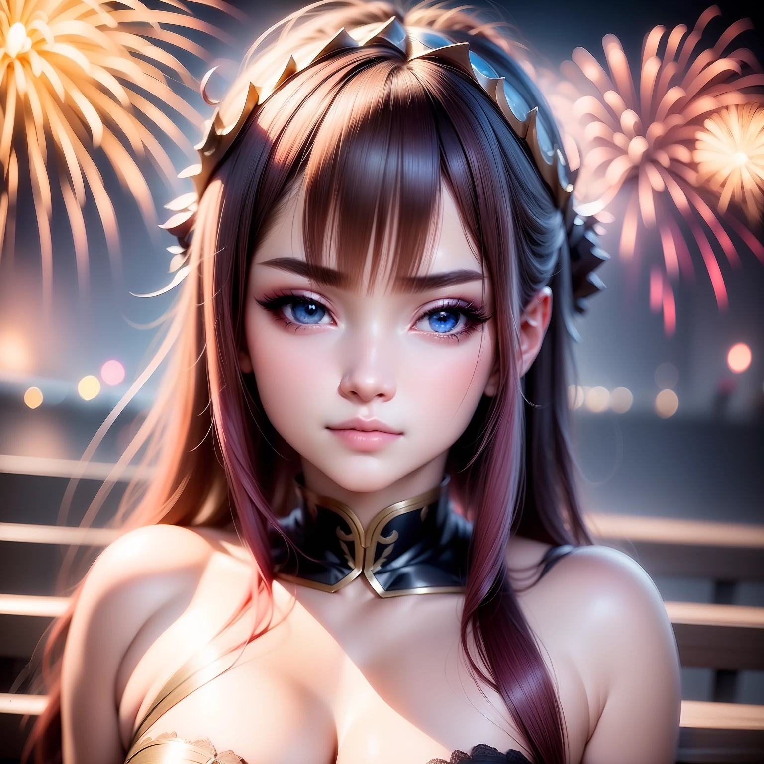 Close-up avatar。sideface，largeeyes，long eyelasher，Based on physical rendering，adolable，Lateral face，Pink toot face，cabelos preto e longos，Close-up portrait of a girl，style of anime，8K,8K high quality detailed art, Beautiful 2D portrait,firework background，Extremely quality，tmasterpiece，Need，Overlooking Chang'an, Never sleep，Fireworks headdress