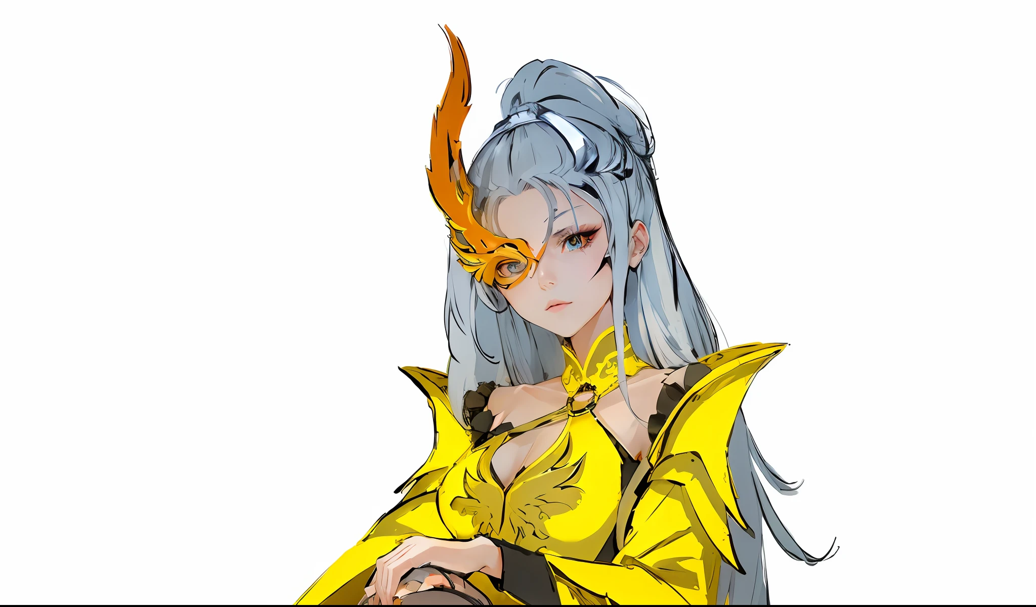 Original Drawing。One eye is covered by a metal mask in the shape of a phoenix，High forehead。high ponytails。Tied up with hair，Immortal Sword。ccurate，lightand shade contrast