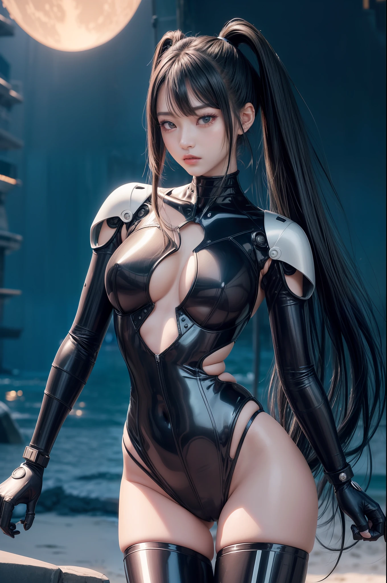 delicated face、20-year-old KPOP idol cyborg girl、(Carbon Fiber Cyborg Body)、Carbon fiber body、{{twin-tail hair}}、{{{medium breasts}}}、(mechanical joint)、bangss、Charming curves、Middle of the pelvis、sea side、Standing、Open the crotch、the beach、glistning skin、((Pafia Leola))、(highleg、Spread Leg、camel's toe、cammel toe、vulvashaped:1.25)、(cyberpunked、SF:1.2)、([[glowing neon]]、(The upper part of the body:1.15)、(8k、RAW Photography、top-quality、 ​masterpiece: 1.45)、(NSFW:1.2)、(((deep in the night)))、(((Dark)))、Large beam rifle