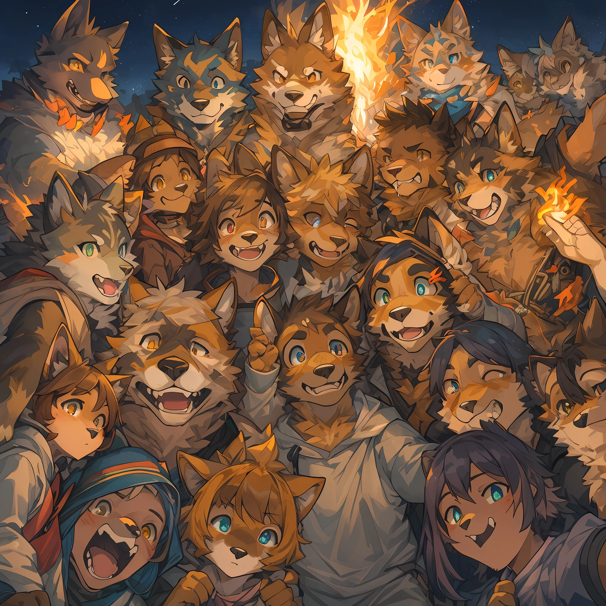 detailed background, Crowded cityscape, group shot, 6+boys, 6+girls, camp-fire, night sky, absurdres(highly detailed beautiful face and eyes)perfect anatomy(Photo of family trip)(kemono, furry anthro)selfie,