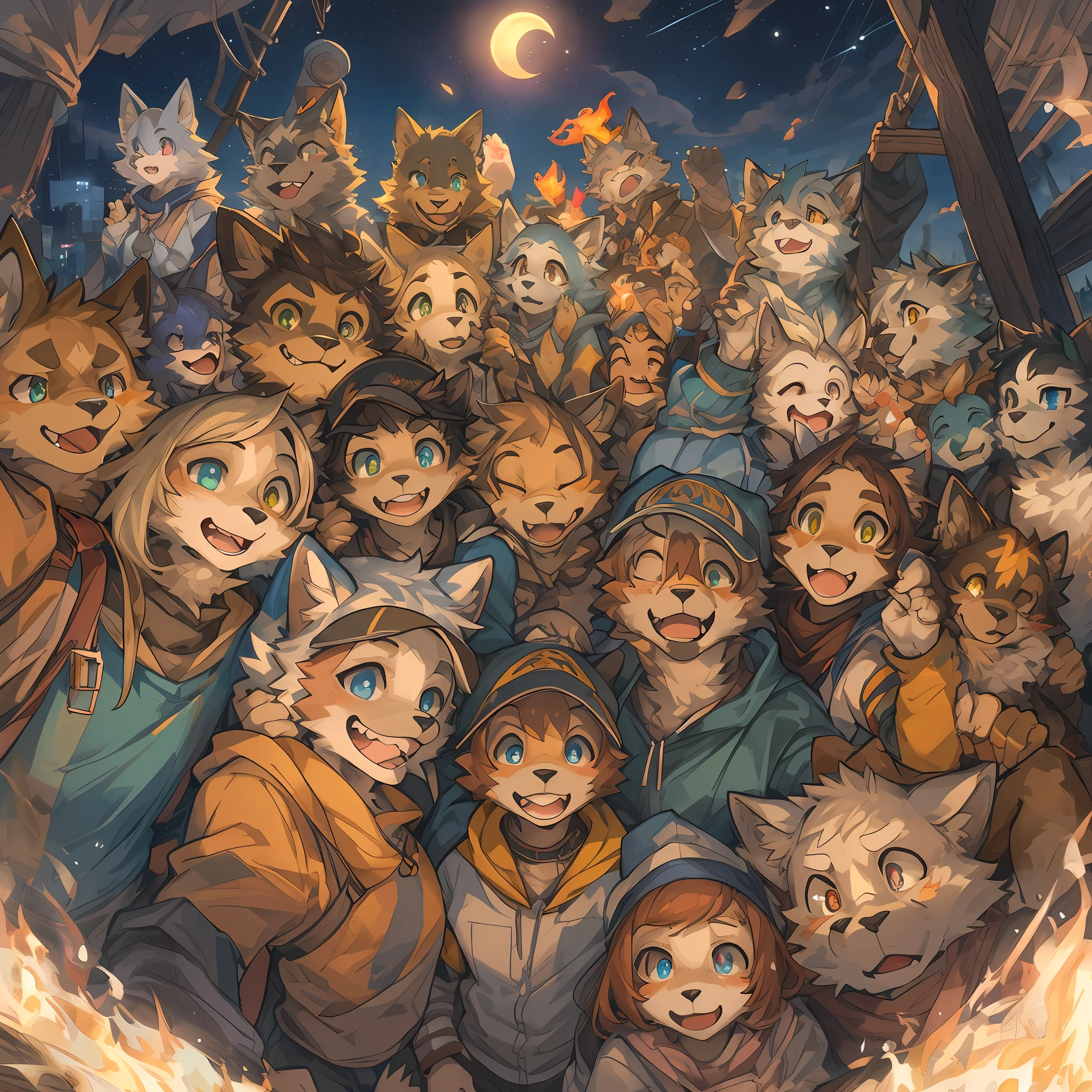 detailed background, Crowded cityscape, group shot, 6+boys, 6+girls, camp-fire, night sky, absurdres(highly detailed beautiful face and eyes)perfect anatomy(Photo of family trip)(kemono, furry anthro)selfie,