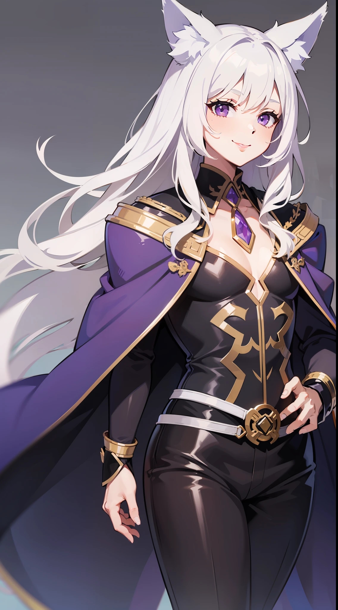 Grown-up guy, Long white hair, Fox ears, violet eyes, Smile, Dark purple robe, open torso, breeches, Masterpiece, hiquality