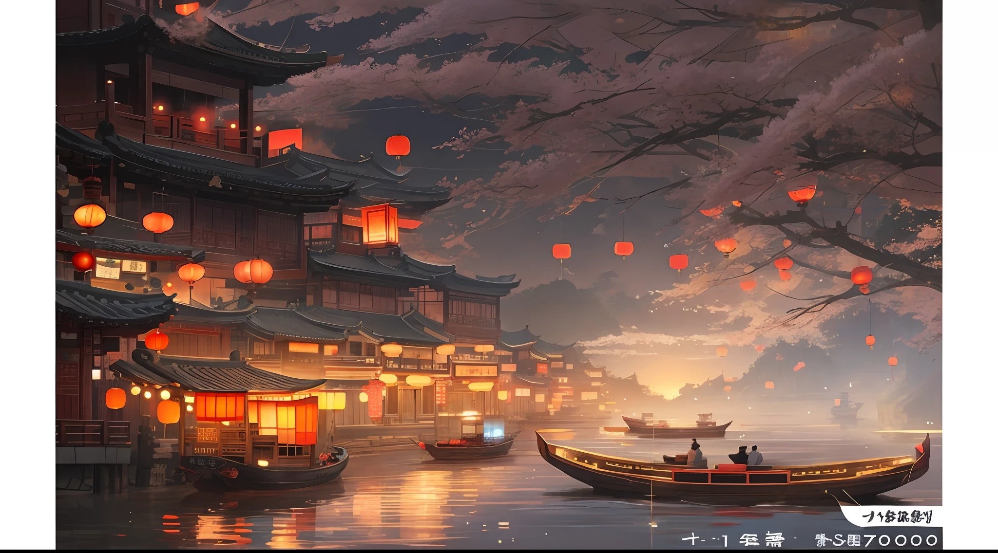 A boat floats on the river，Lanterns float in the air, dreamy Chinese towns, amazing wallpapers, Anime background art,  beautiful anime scenes, Anime art wallpaper 4 K, Anime art wallpaper 4k, Tang dynasty style，Pyrotechnics
