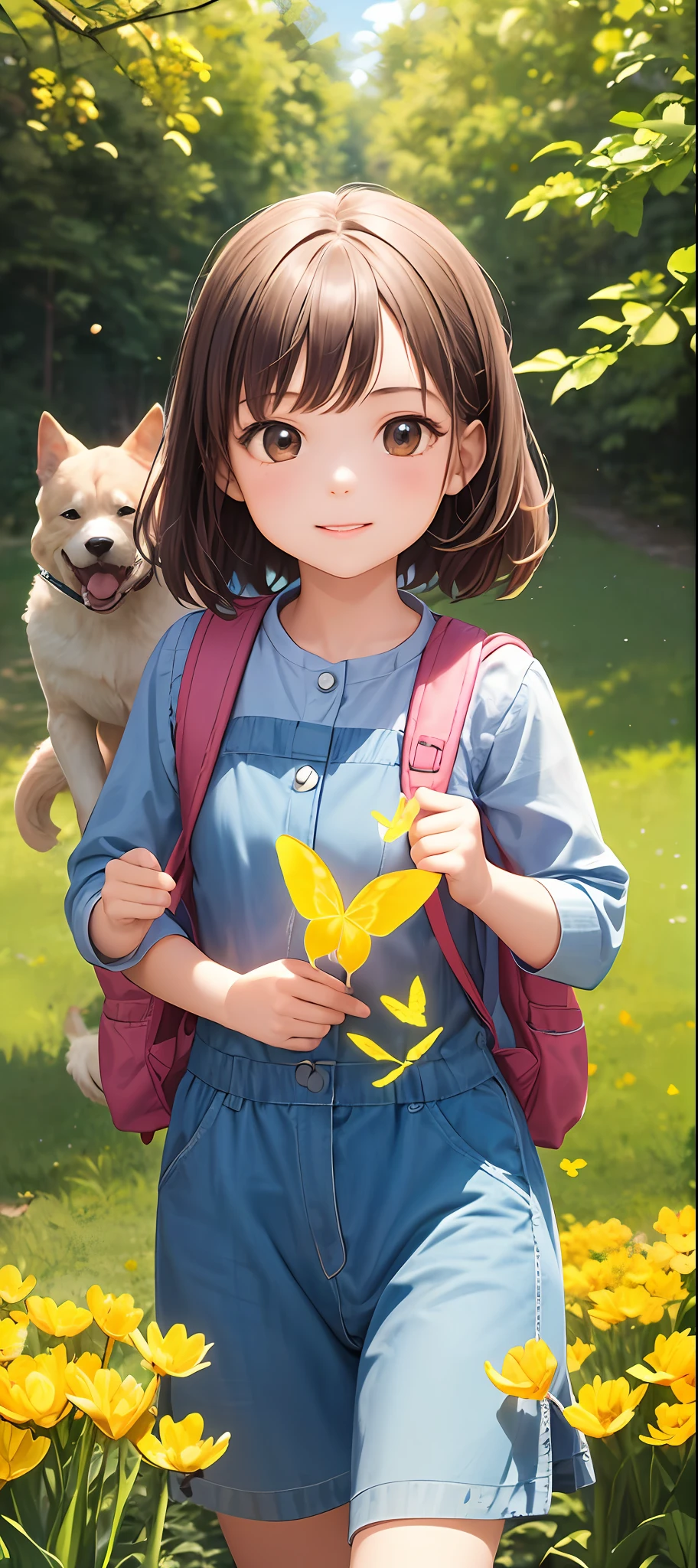 A charming little girl with a backpack is enjoying a cute spring outing surrounded by beautiful yellow flowers and nature with her cute puppy. The illustration is a high-definition illustration in 4k resolution with highly detailed facial features and cartoon-style visuals, (Butterfly Dance) --auto
