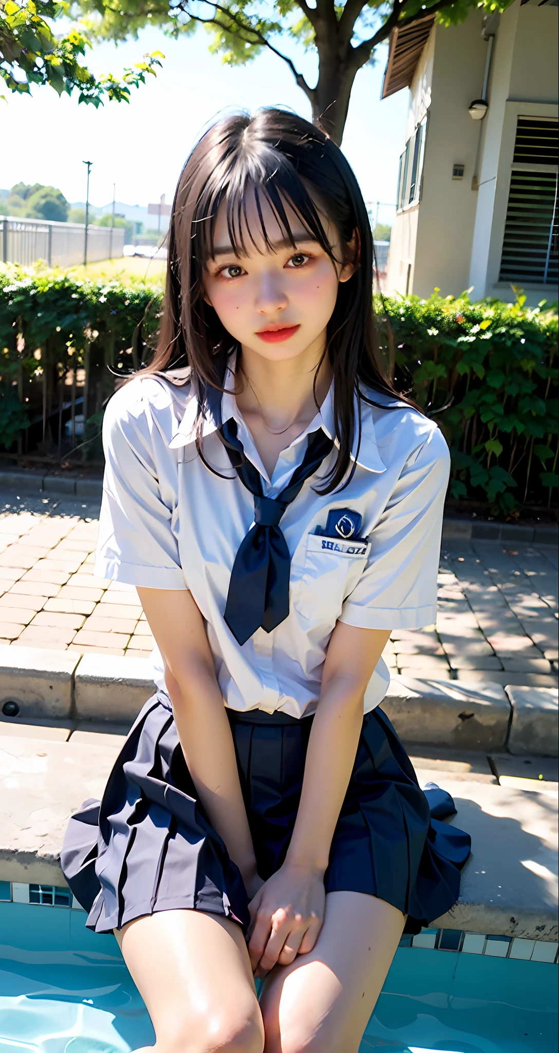 (((top-quality、​masterpiece))、Raw photography、8K、top-quality、 超A high resolution、Beautiful face in every detail、Realistic human skin、Gentle expression、front-facing view、Farbe々From an angle、length hair、realisitic、Photorealsitic、cute little、a short skirt、cute school girl、Japan schoolgirl wearing uniform、Surreal High School Girl、blue-sky、outside of house、in poolside、wrist watch、