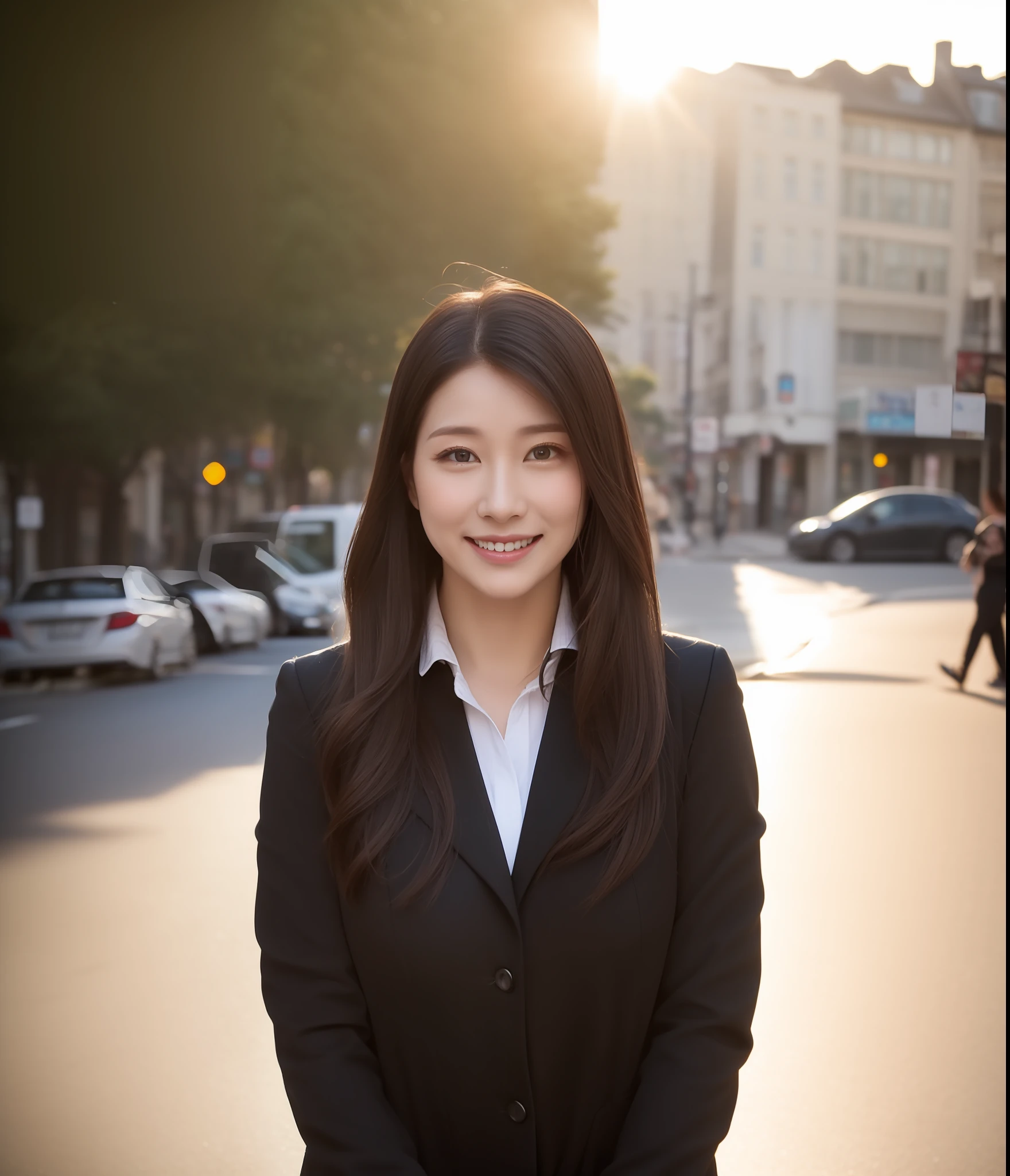 ((top-quality、8K、masterpiece:1.3))、foco nítido:1.2、Perfect Body Beauty:1.4、Slim abs:1.2、((Dark brown long hair、Colossal tits:1.3))、(natural soft light、street corner:1.2)、Highly detailed facial and skin texture、A detailed eye、(二重まぶた:1.3)、(((dynamic ungle))),Seaside street corner、Silver thin necklace、drooing eyes、Smiling、White blouses、White button shirt、Close your mouth and smile、Thin makeup