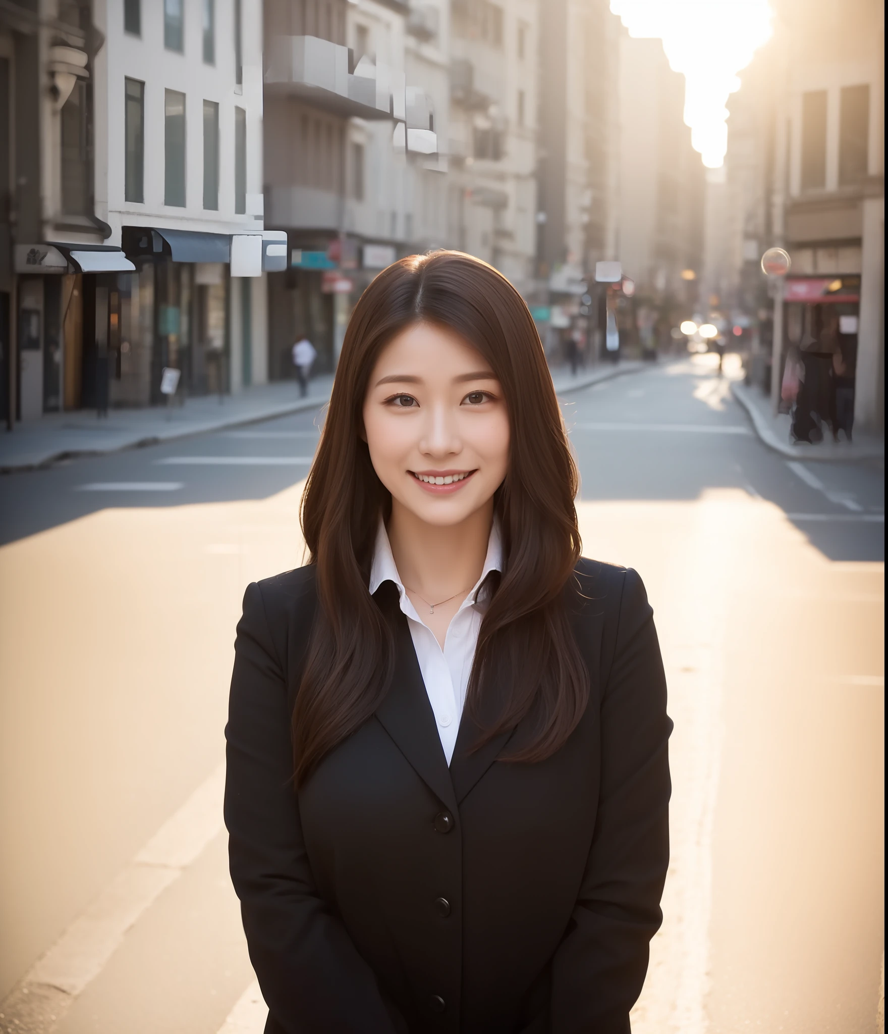 ((top-quality、8K、masterpiece:1.3))、foco nítido:1.2、Perfect Body Beauty:1.4、Slim abs:1.2、((Dark brown long hair、Colossal tits:1.3))、(natural soft light、street corner:1.2)、Highly detailed facial and skin texture、A detailed eye、(二重まぶた:1.3)、(((dynamic ungle))),Seaside street corner、Silver thin necklace、drooing eyes、Smiling、White blouses、White button shirt、Close your mouth and smile、Thin makeup