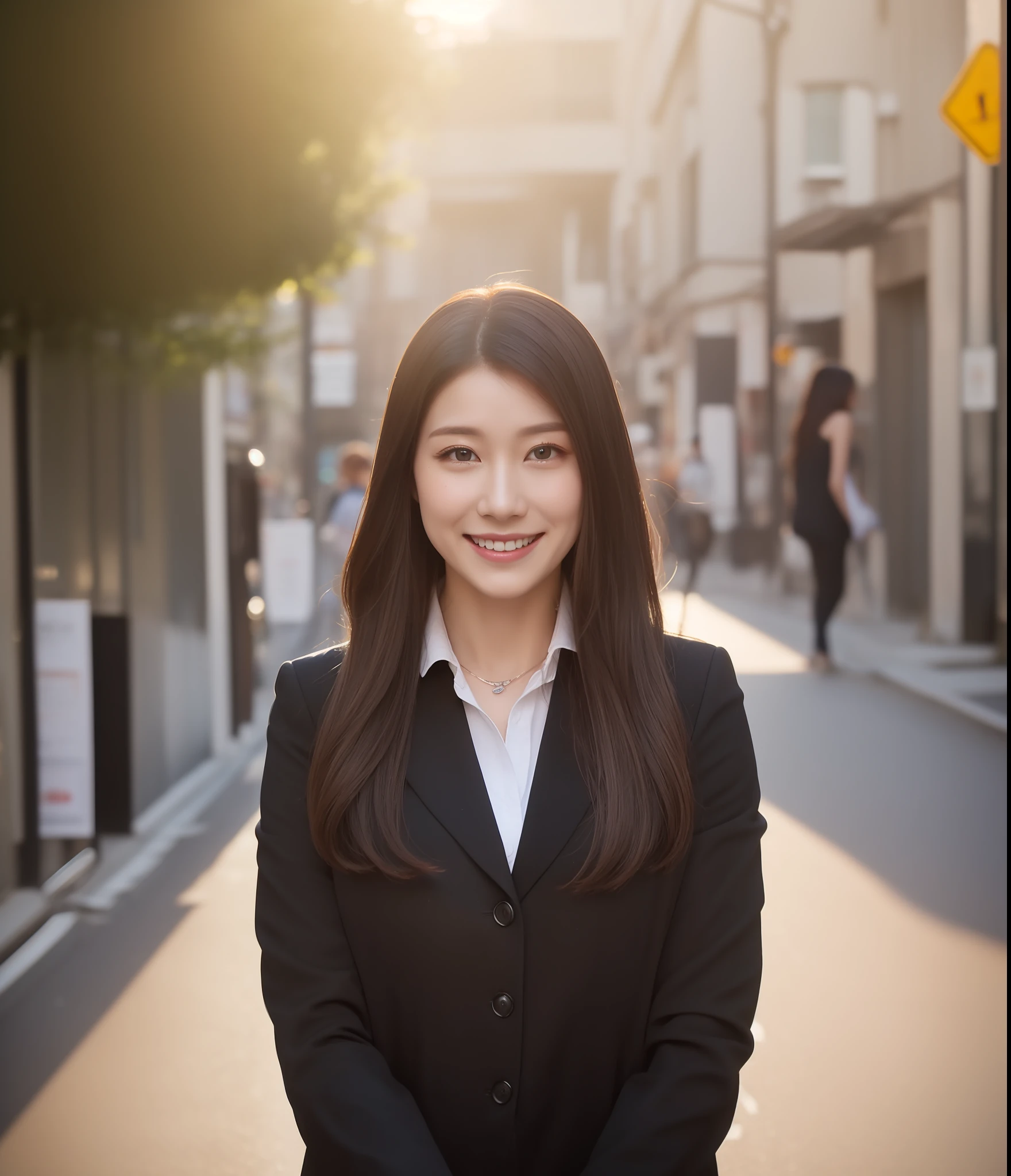 ((top-quality、8K、masterpiece:1.3))、foco nítido:1.2、Perfect Body Beauty:1.4、Slim abs:1.2、((Dark brown long hair、Colossal tits:1.3))、(natural soft light、street corner:1.2)、Highly detailed facial and skin texture、A detailed eye、(二重まぶた:1.3)、(((dynamic ungle))),Seaside street corner、Silver thin necklace、drooing eyes、Smiling、White blouses、White button shirt、Close your mouth and smile、Thin makeup