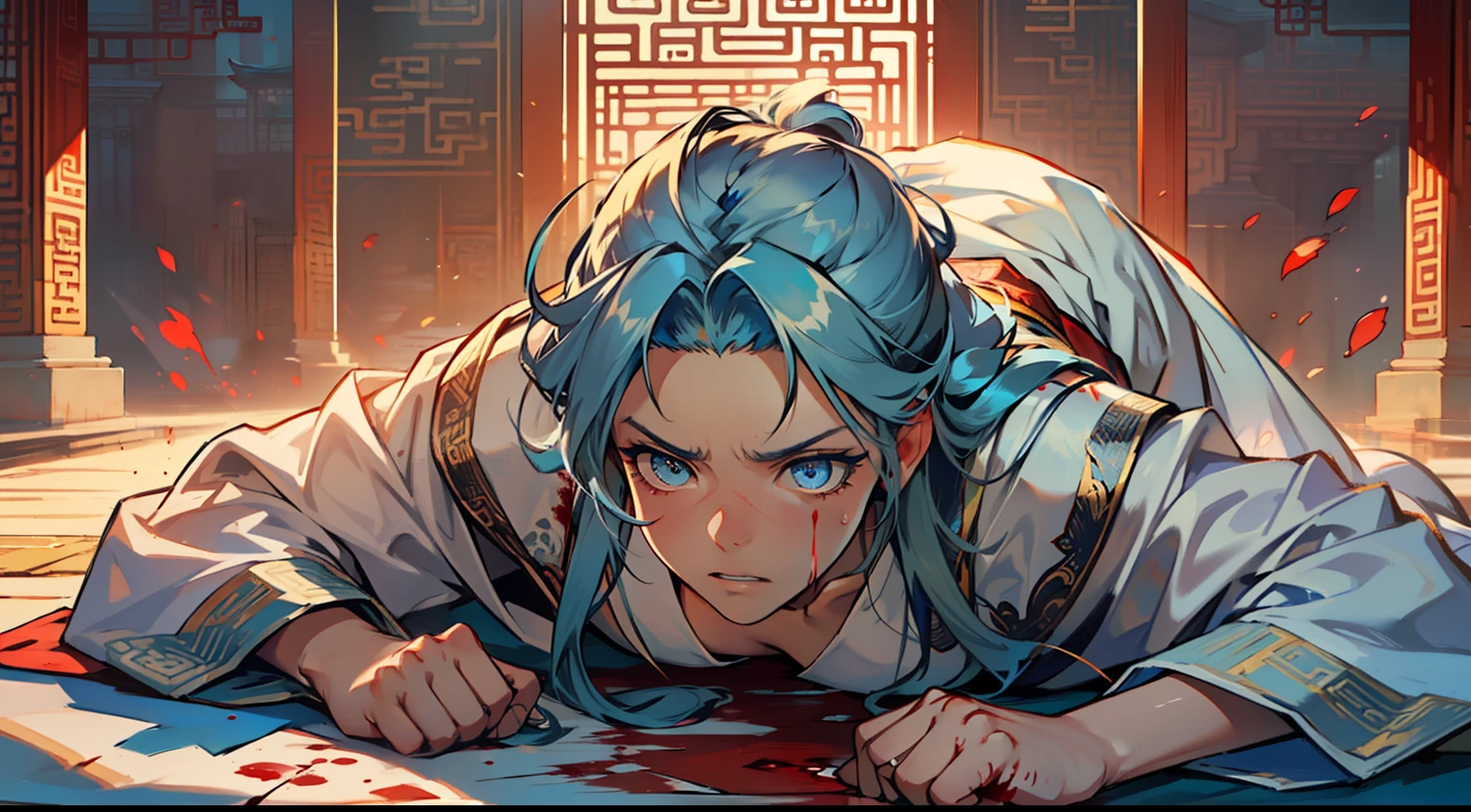 (1 person) (Kizi ,(((Blue eyes))),(((Long blue hair))),Light blue dress with white light gauze jacket,, Lie on your back on the ground，Painful expression，blood stain) (Background: Inside the sacred and magnificent ancient Chinese imperial palace)