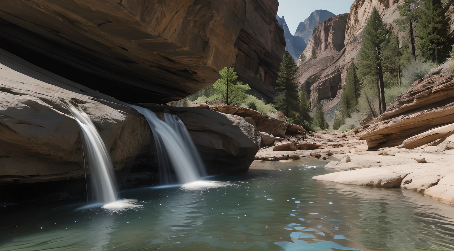 Still and clear flow, forming a large pool in a deep canyon, Realistic photography, 8k, UHD