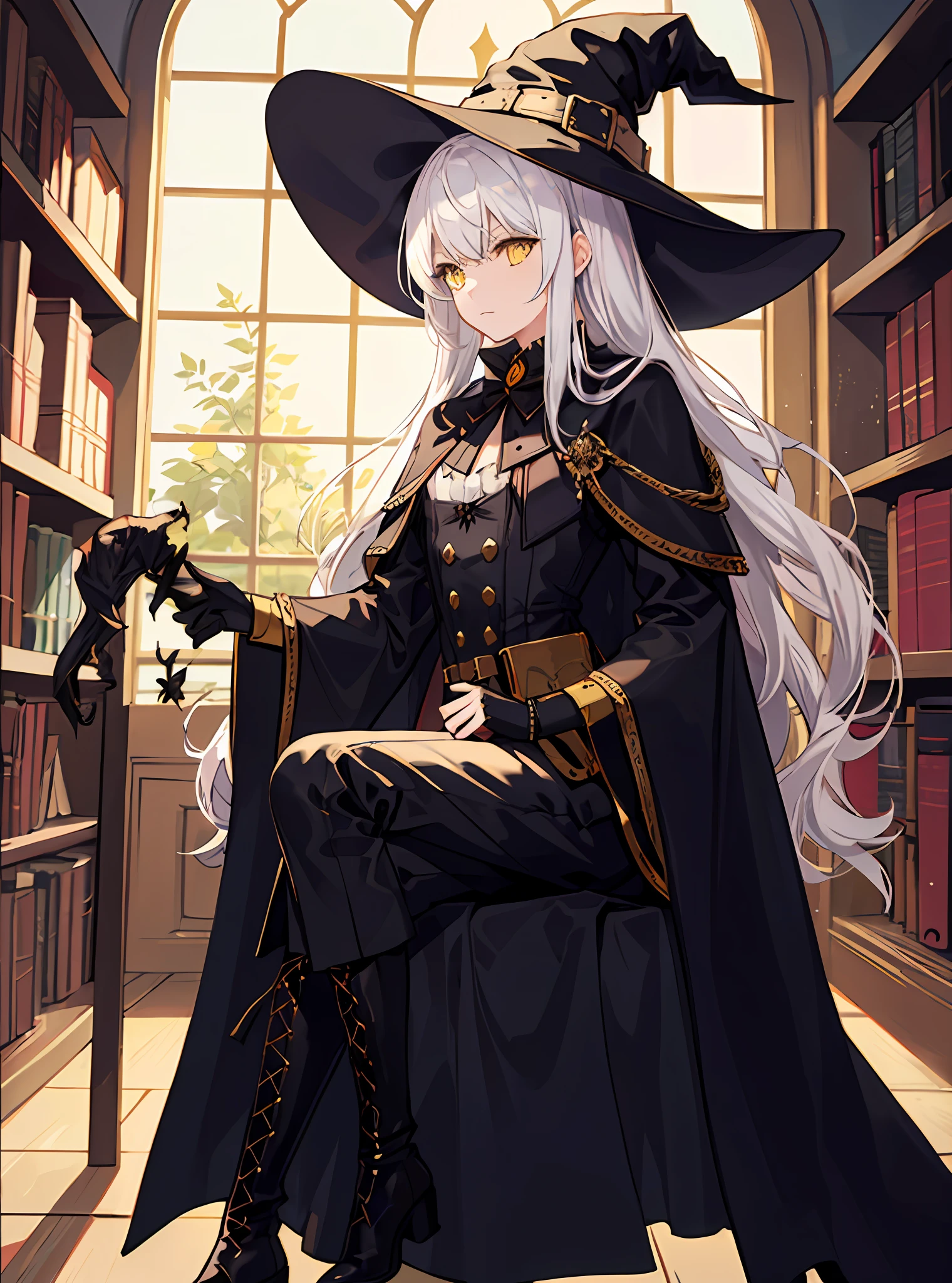 (((Solo))), White hair, bangs, yellow eyes, witch, witch hat, fantasy, fantasy style, black robe, Victorian clothes, aristocratic clothes, long leather boots, black tights, jabot, library, lace cuffs, black elements of clothing, red elements of clothing, white elements of clothing, yellow elements of clothing, sunlight, dim light