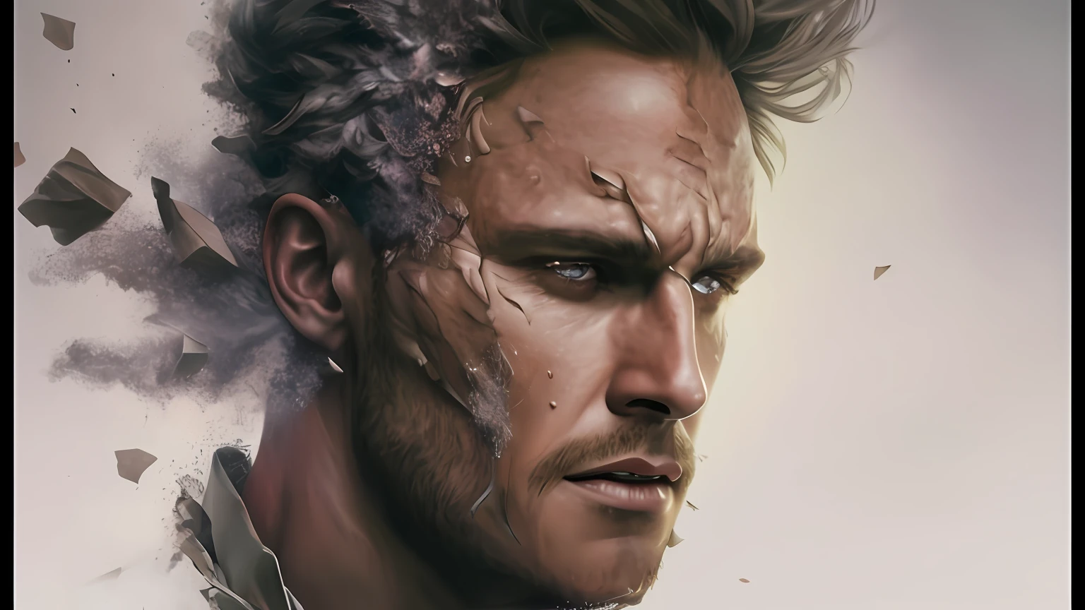 A closeup of a man with a face of destruction, inspirado em Clint Cearley, Retrato VFX altamente detalhado, pintura digital realista, baixo detalhamento. pintura digital, Epic portrait illustration, pintura digital ultra realista, pintura digital detalhada, Arte digital realista 4K, Arte digital realista 4K, pintura digital ultradetalhada, pintura digital muito detalhada, ultra detalhe. pintura digital