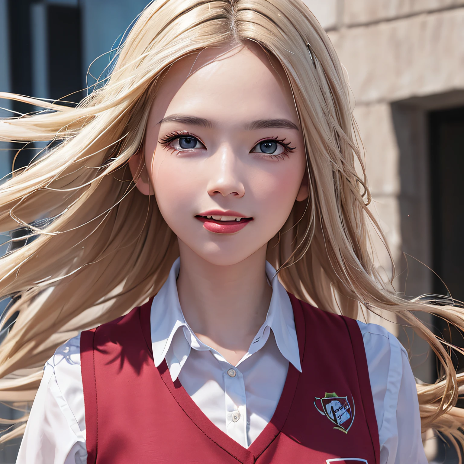 (8K, RAW Photos, of the highest quality, Masterpieces: 1.2), (Realistic, Photorealistic: 1.37), Highest Quality, Ultra High Resolution, light leaks, Dynamic lighting, Slim and smooth skin, (Full body:1.3), (Soft Saturation: 1.6), (Fair skin: 1.2), (Glossy skin: 1.1), Oiled skin, 22 years old, Night, shiny white blonde, Well-formed, Hair fluttering in the wind, Close-up shot of face only, Physically Based Rendering, From multiple angles, A big smile, School uniform, Beige vest, thunderstorm, The Flash, stick out your tongue a little