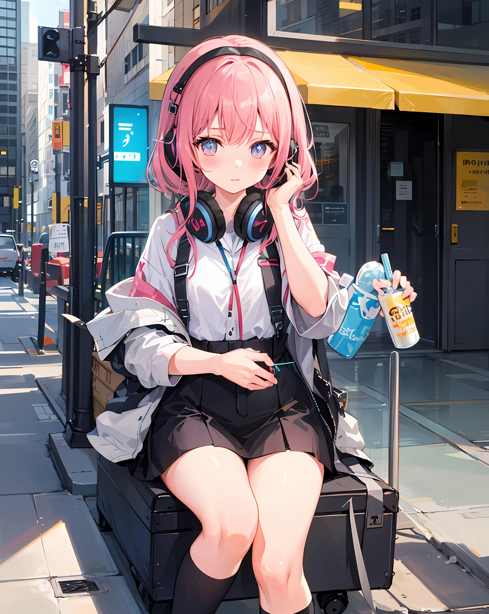 1girll,
Outdoors,Cityscape, street
JK),headphones around their necks,
Blush,