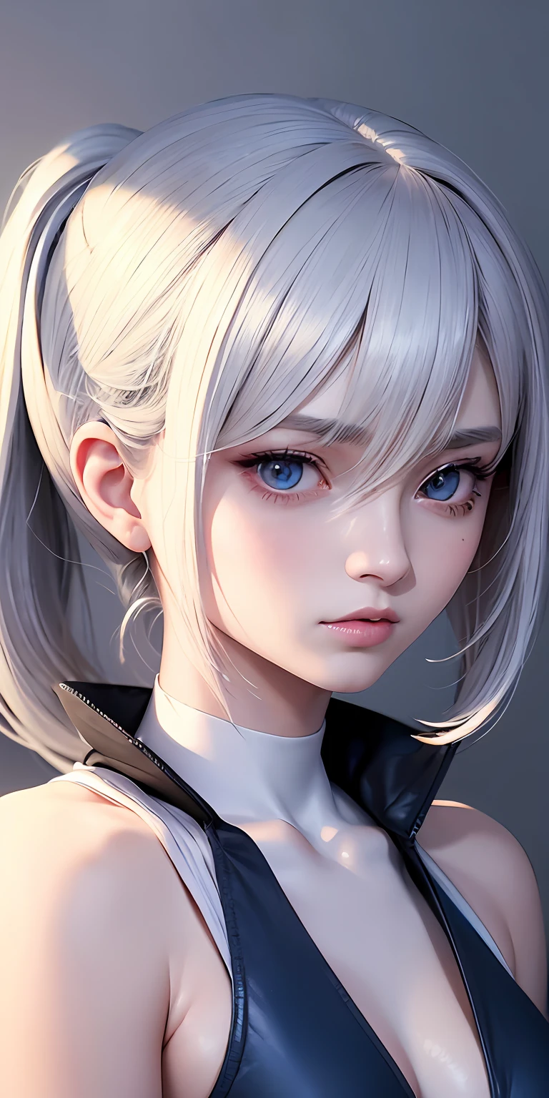 anime styled、One Person17Beautiful woman of age、Moisturized eyes、ciri、a picture、androgynous hunnuman、oval jaw、Delicate features、Beautiful expression、The hair、Long bangs、long pony tail、Blue eyes with a beautiful glow、LDS Art