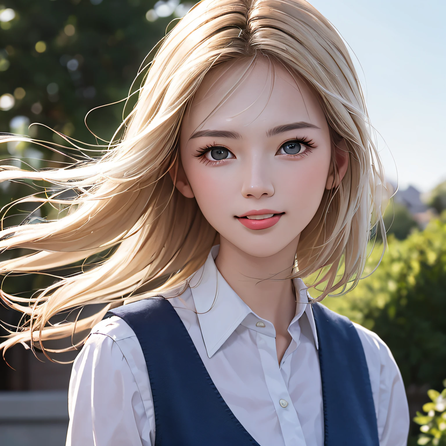 (8K, RAW Photos, of the highest quality, Masterpieces: 1.2), (Realistic, Photorealistic: 1.37), Highest Quality, Ultra High Resolution, light leaks, Dynamic lighting, Slim and smooth skin, (Full body:1.3), (Soft Saturation: 1.6), (Fair skin: 1.2), (Glossy skin: 1.1), Oiled skin, 22 years old, Night, shiny white blonde, Well-formed, Hair fluttering in the wind, Close-up shot of face only, Physically Based Rendering, From multiple angles, A big smile, School uniform, Beige vest, thunderstorm, The Flash, stick out your tongue a little