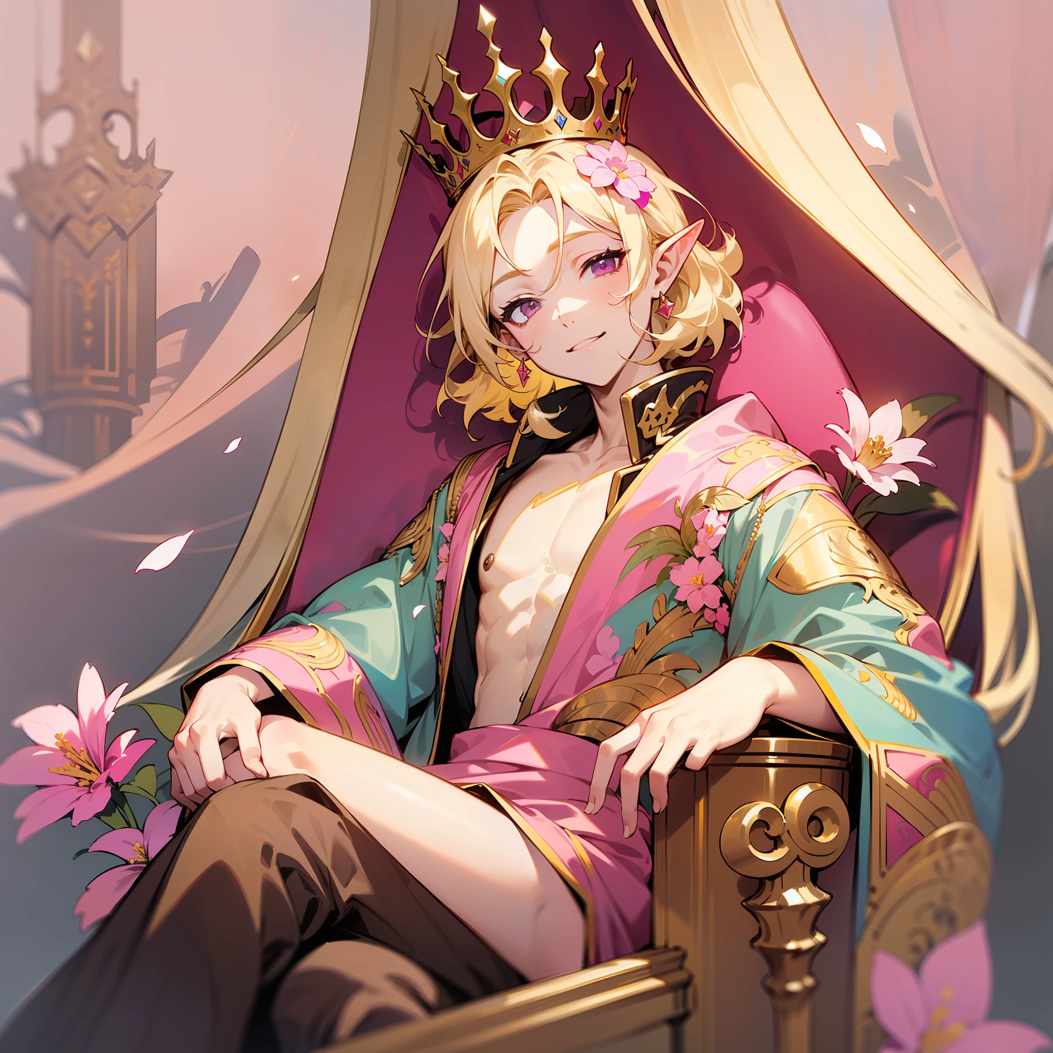 young man, twink, (((male))), (((man))), (((one person))), single, solo, (((very light blonde hair))), (((pink colored eyes))), (medium short hair), (chin-length hair), wavy hair, slim body, ((flat chest)), (((fantasy style))), (((wearing flowers in his hair))), wearing a small crown, ((pointy ears)), (((light pink colored eyes))), smooth skin, (((wearing fantasy clothes))), smiling, (((sitting on a big throne))), ((detailed decorated throne)), (inside a fantasy palace)