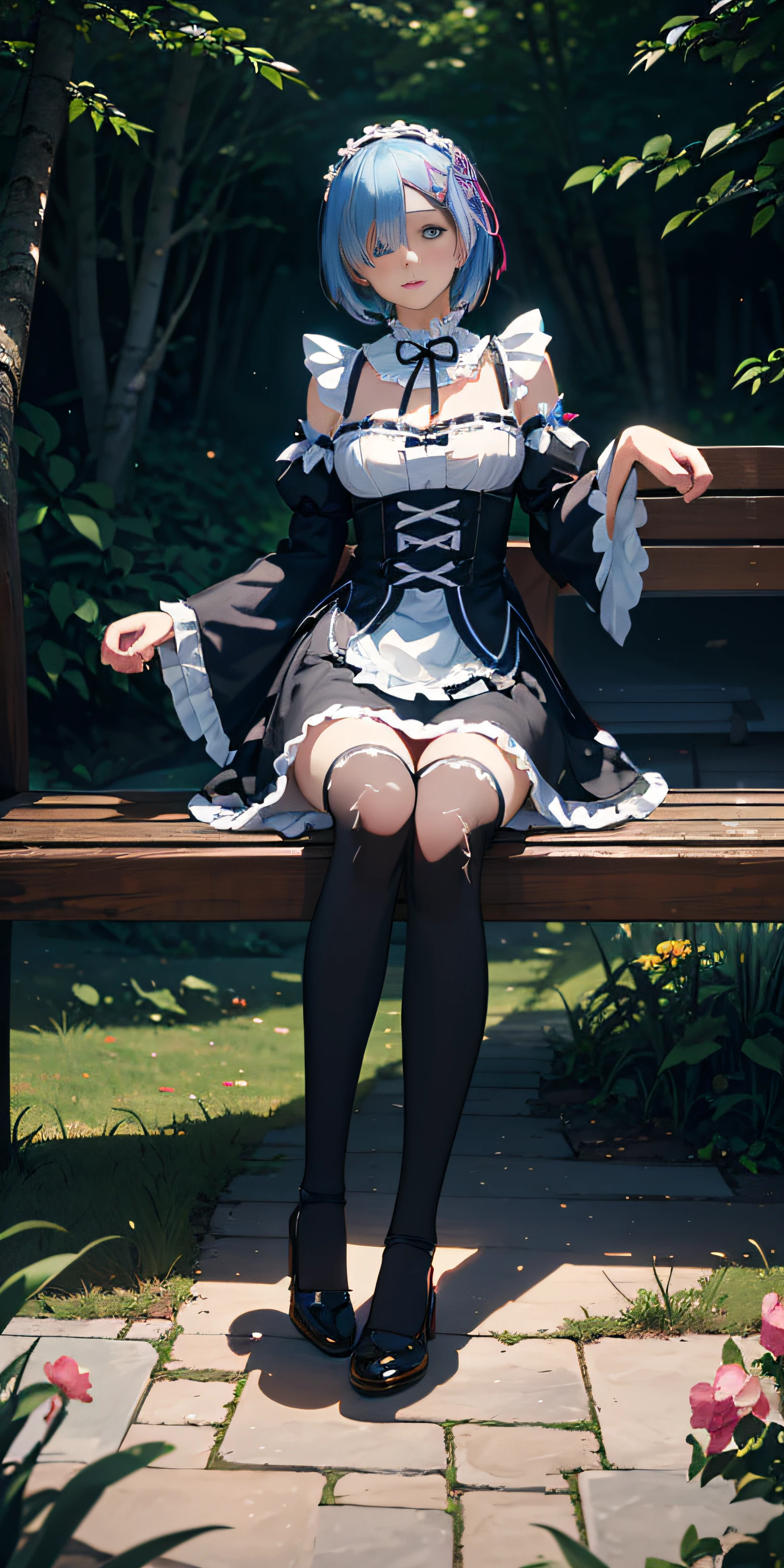 R_E_M, 1girl,(beautiful face:1.25) short blue hair, blue eyes, hair over one eye, hair ornament, pink hair ribbon, rem's maid uniform, detached sleeves, white lace legwear, black shoes, (realistic:1.7),((best quality)),absurdres,(ultra high res),(photorealistic:1.6),photorealistic,octane render,(hyperrealistic:1.2), (photorealistic face:1.2), (8k), (4k), (Masterpiece),(realistic skin texture), (illustration, cinematic lighting,wallpaper),( beautiful eyes:1.2),((((perfect face)))),(cute),(standing),((looking at viewer)),(dynamic pose:1.3), full body, sitting on the bench, outdoors, park, lawn, flowers, path, castle, lake, station
