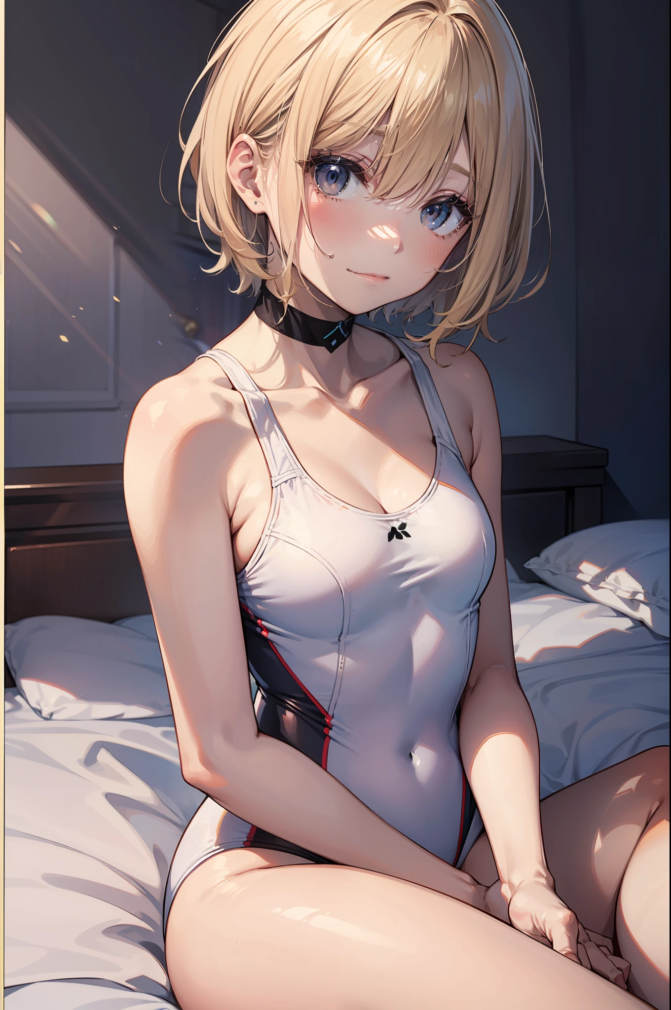 high-level image quality、top-quality、Detailed drawing、Does not blush cheeks、Slender beauty、Docile、White swimsuit、Small eyes、Smaller chest、Blonde Short-Cut Hair、Petanko sitting、Sister sitting、Inner thigh-sitting、a bed