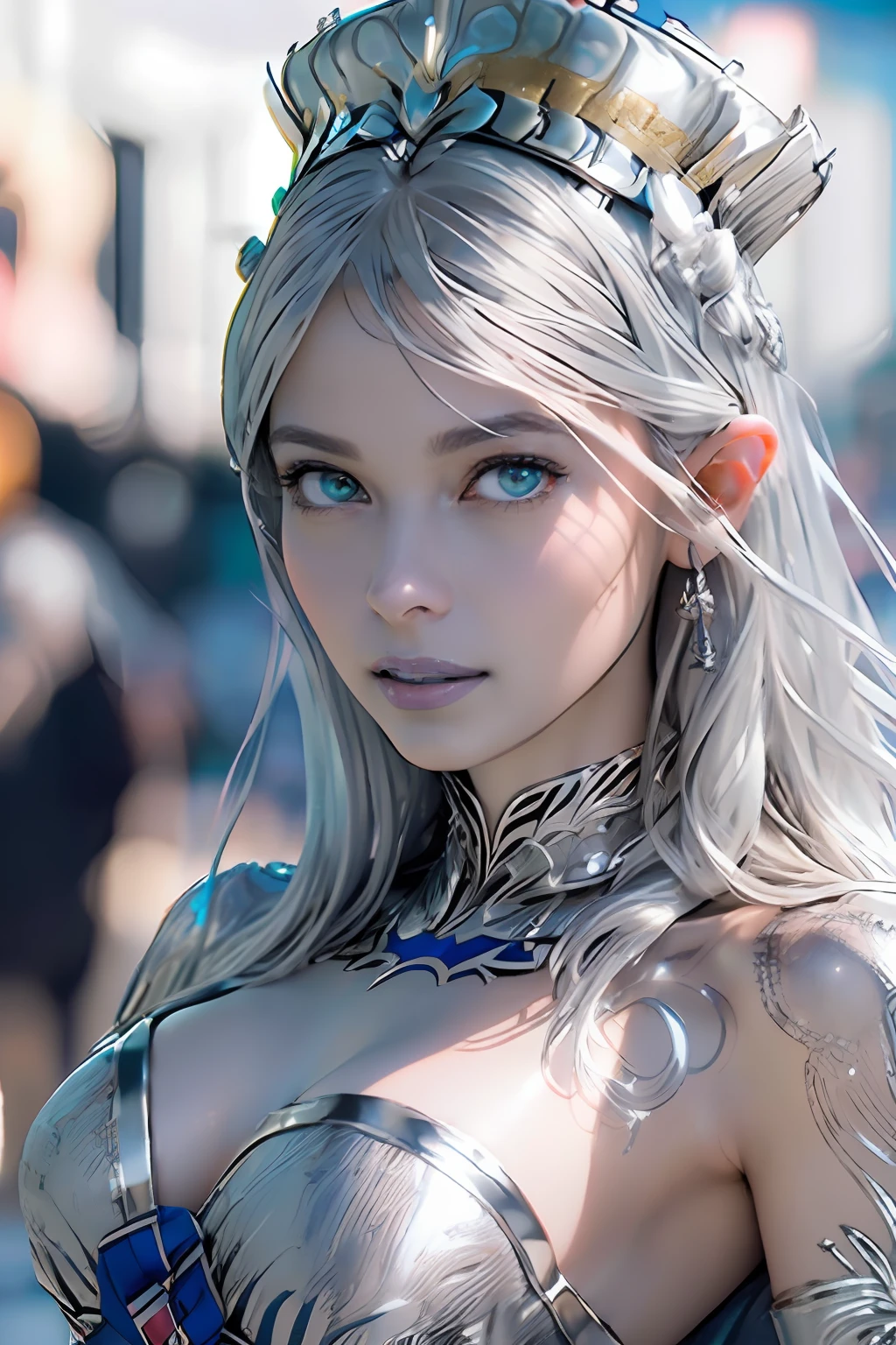 Ultra-detailed complex 3D rendering of the face, (masterpiece, top quality, octane rendering,), glamour shots full body image, very beautiful young elves, cleavage, (highly detailed skin: 1.2), (exposure: 1.1), ((blue micro bikini: 1.95)))). , 8k, (((very soft breasts)), (((conspicuous large pink areola)), beautiful Caucasian woman with white skin with full soft breasts with big buttocks, one, long braided hair, big breasts, dynamic angles, (((huge breasts: 2.4)), ultra-realistic photos, ((((((silver hair)))), futuristic urban background, facial muscles, (((((detailed and glamorous silver crown)))), In the style of Marvel Comics, ArtStation Trends, Clear Focus, Intricate Details, Very Detailed, Detailed Green Eyes, Sharp Focus, Digital Rendering, Professional, Abs, Lip Gloss, Glossy Skin, Sexy Pose, Golden Tattoo All Over Body, Silver Pattern All Over Body, Silver Lame Skin, Gold Glitter Skin, Mansuji, Buttocks, Jeweled All Over the Body, with silver scales, silver hair,