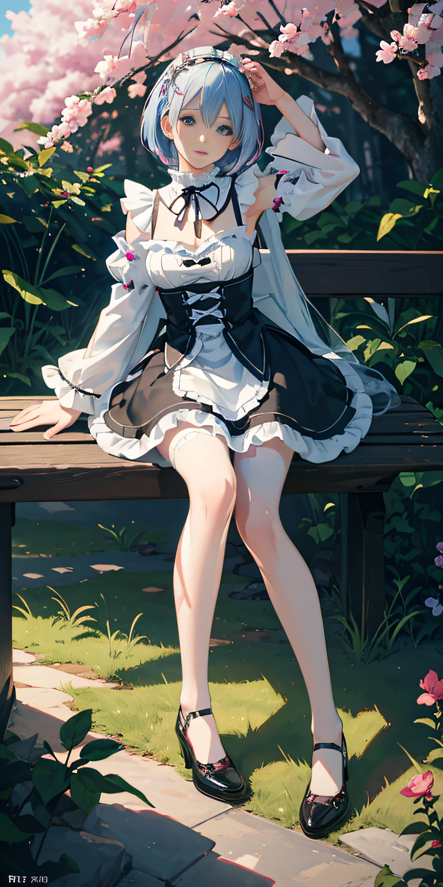 R_E_M, 1girl,(beautiful face:1.25) short blue hair, blue eyes, hair over one eye, hair ornament, pink hair ribbon, rem's maid uniform, detached sleeves, white lace legwear, black shoes, (realistic:1.7),((best quality)),absurdres,(ultra high res),(photorealistic:1.6),photorealistic,octane render,(hyperrealistic:1.2), (photorealistic face:1.2), (8k), (4k), (Masterpiece),(realistic skin texture), (illustration, cinematic lighting,wallpaper),( beautiful eyes:1.2),((((perfect face)))),(cute),(standing),((looking at viewer)),(dynamic pose:1.3), full body, sitting on the bench, outdoors, park, lawn, flowers, path, castle, lake, station