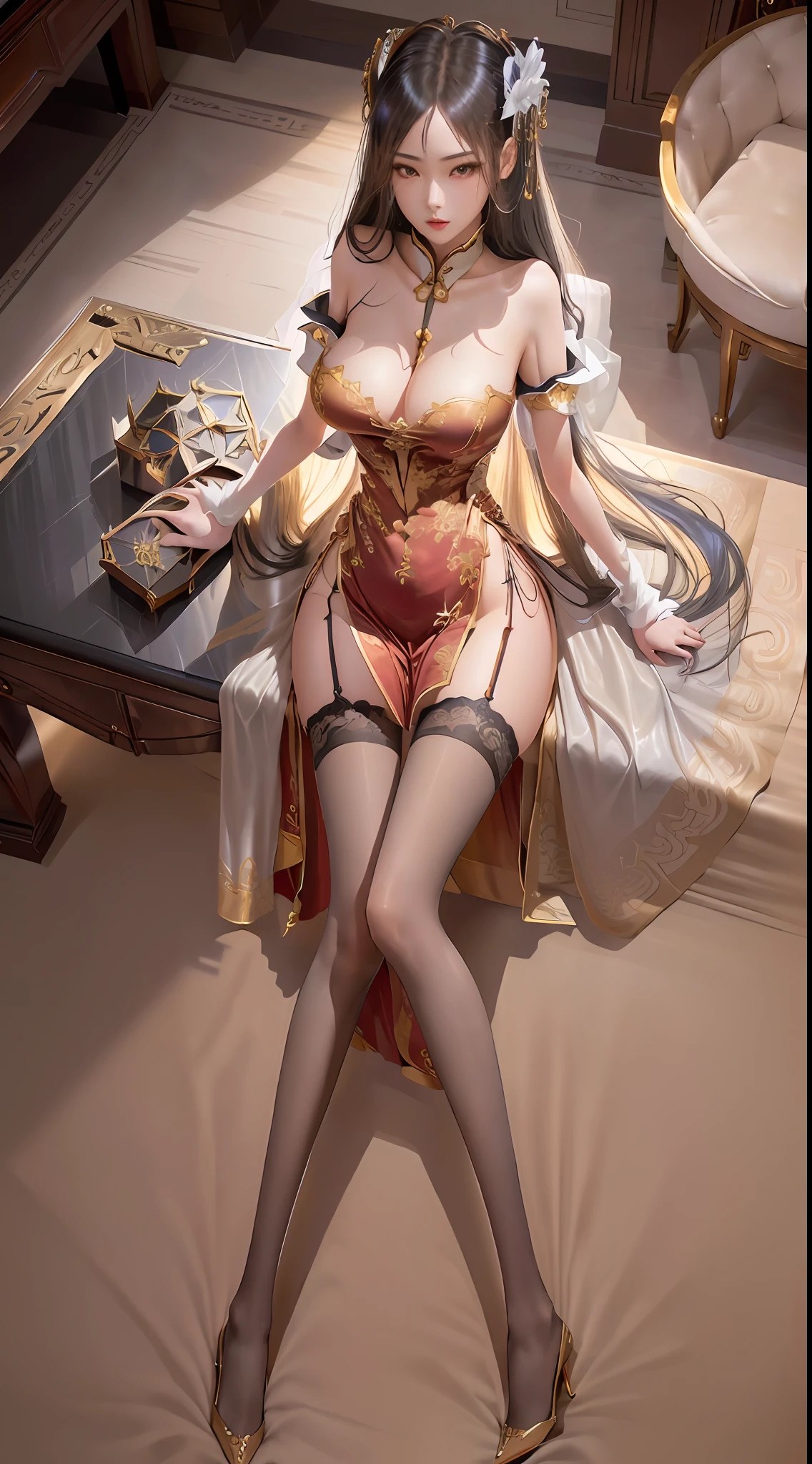 Ridiculous resolution,A high resolution,(tmasterpiece:1.4),ultra - detailed,1 stunning girl,180cm tall,Breasts are medium in size,Slender and slender long legs,The chest is full of legs,Wide buttocks,onbed,from the above,the space,afloat,Red Chinese dress,red dress,show legs,black lence stockings,Silvery hair,Golden eyes,Hand out of the box