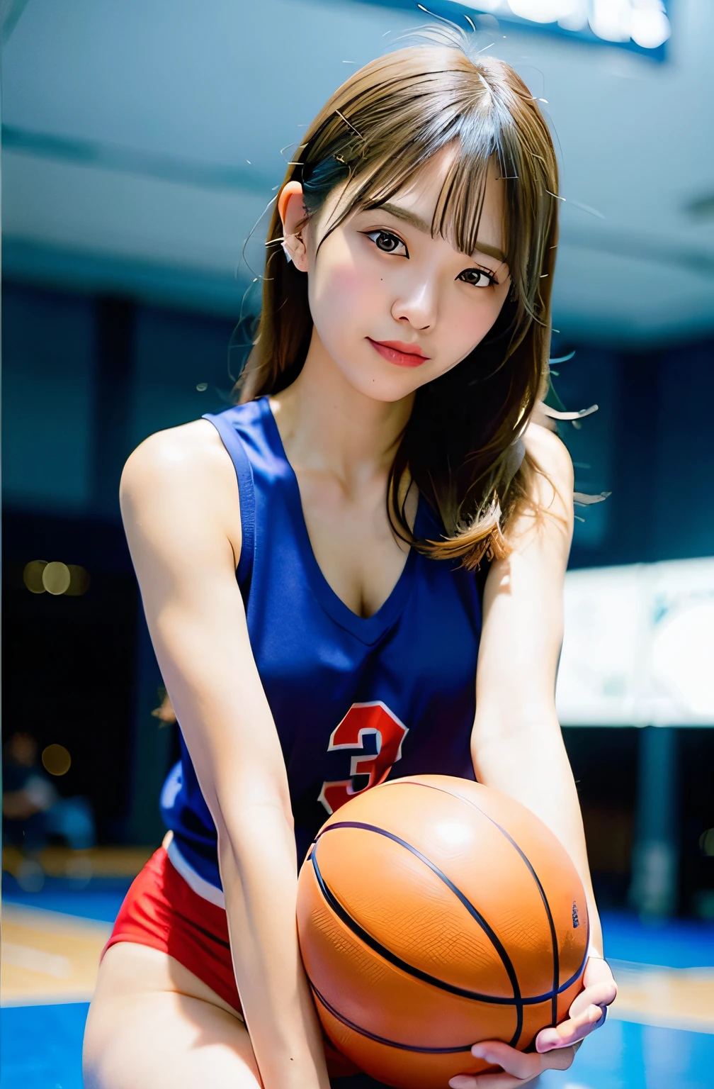 Beautiful woman with perfect body playing basketball(an lingerie:1.Wearing 8)、Good Hand、4K、hight resolution、​masterpiece、top-quality、headw:1.3、((Hasselblad photo))、Fine skin、Sharp Focus、(电影灯光)、natta、Soft lighting、dynamic ungle、[:(详细的脸:1.2):0.2],(((Inside_basketball_field)))、
