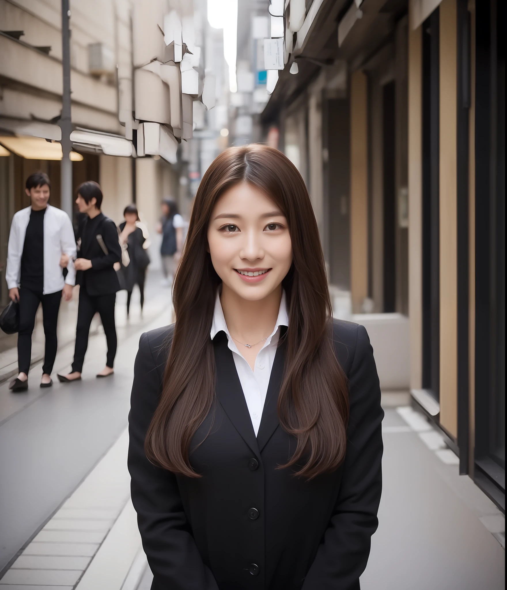 ((top-quality、8K、masterpiece:1.3))、foco nítido:1.2、Perfect Body Beauty:1.4、Slim abs:1.2、((Dark brown long hair、Colossal tits:1.2))、(natural soft light、street corner:1.2)、Highly detailed facial and skin texture、A detailed eye、(二重まぶた)、(((dynamic ungle))),Streets of Tokyo、Silver thin necklace、drooing eyes、Smiling、White blouses、White button shirt、Gentle expression