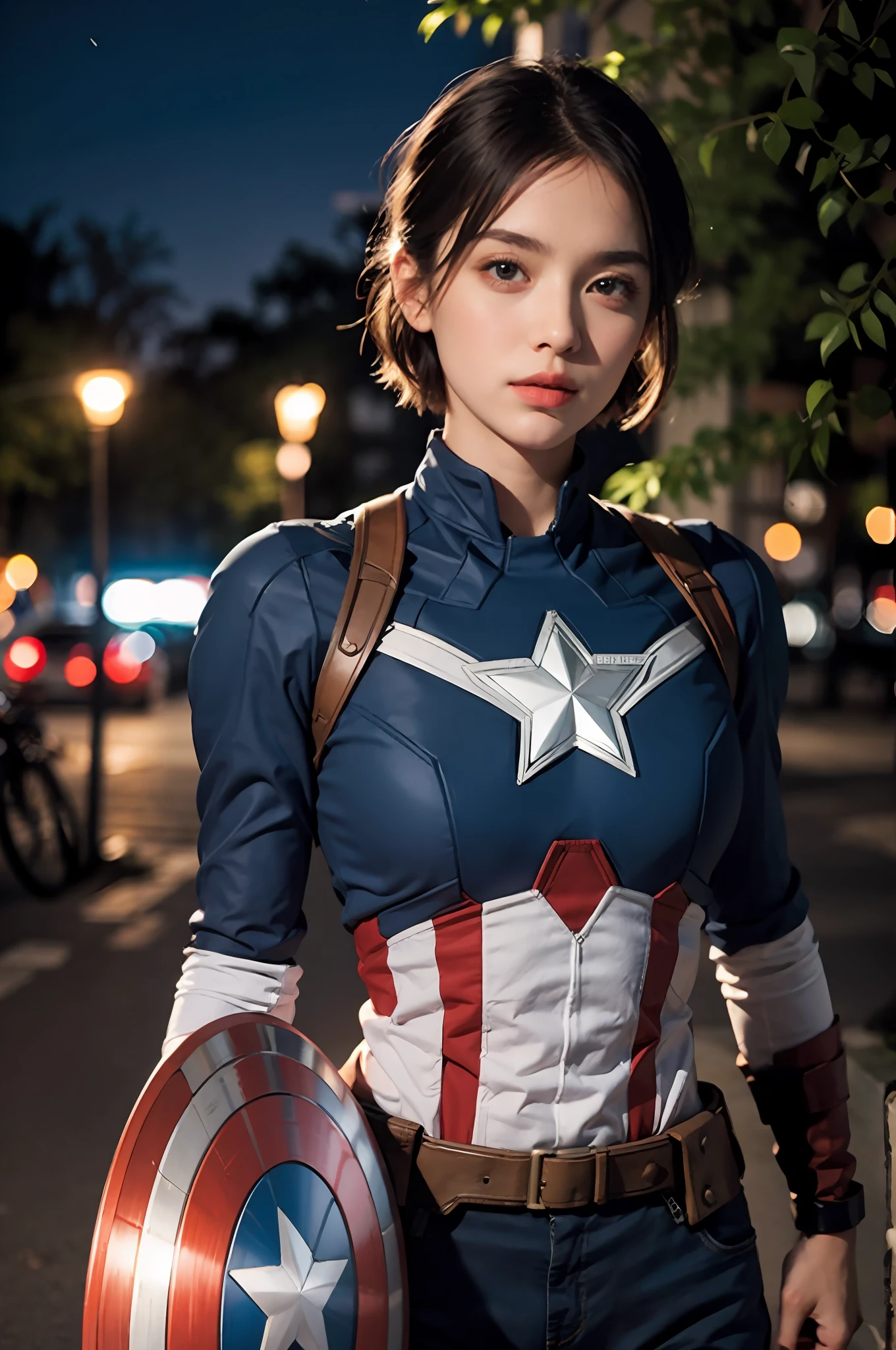 1girl, captain America, captain America girl, short hair, outdoor, night