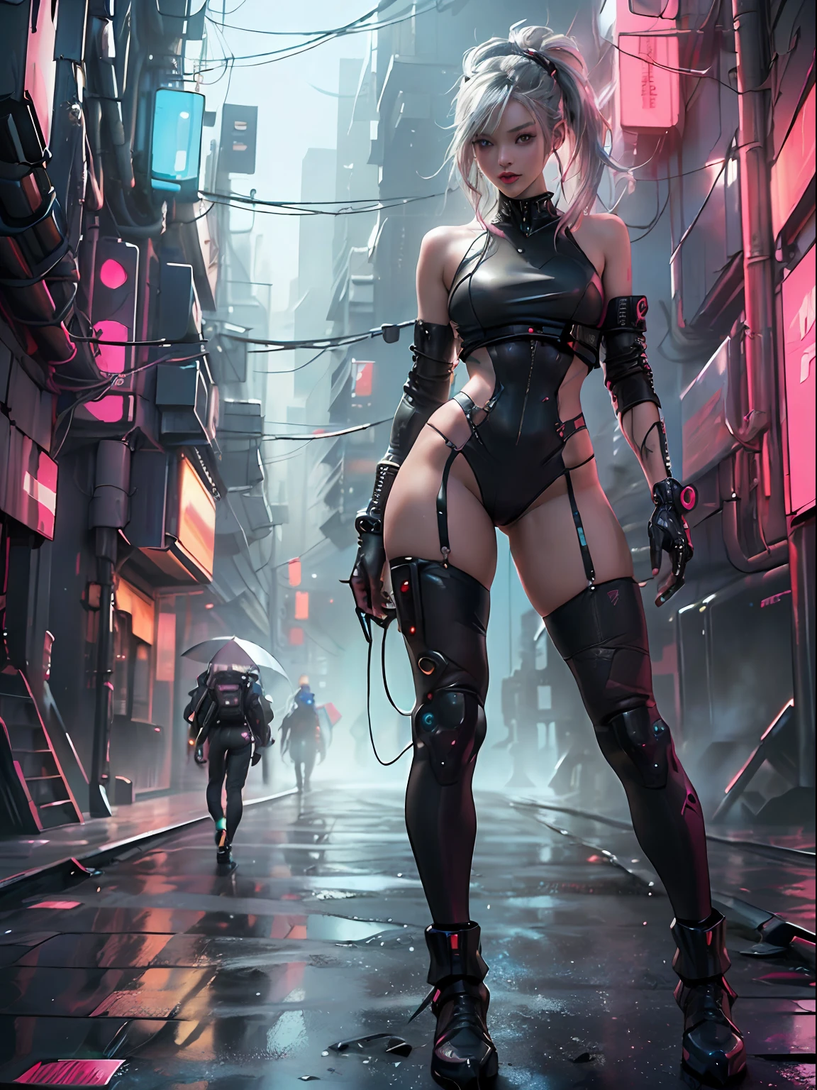 cyber punk Girl,(top-quality、8K、32K、masterpiece、nffsw:1.3)、(The ultra -The high-definition)、(Photorealsitic:1.4)、Raw photography,Charming perfect figure,actionpose:1.2,Detailed cyberpunk fashion、World of Cyberpunk,depth of fields,blurry backround,、