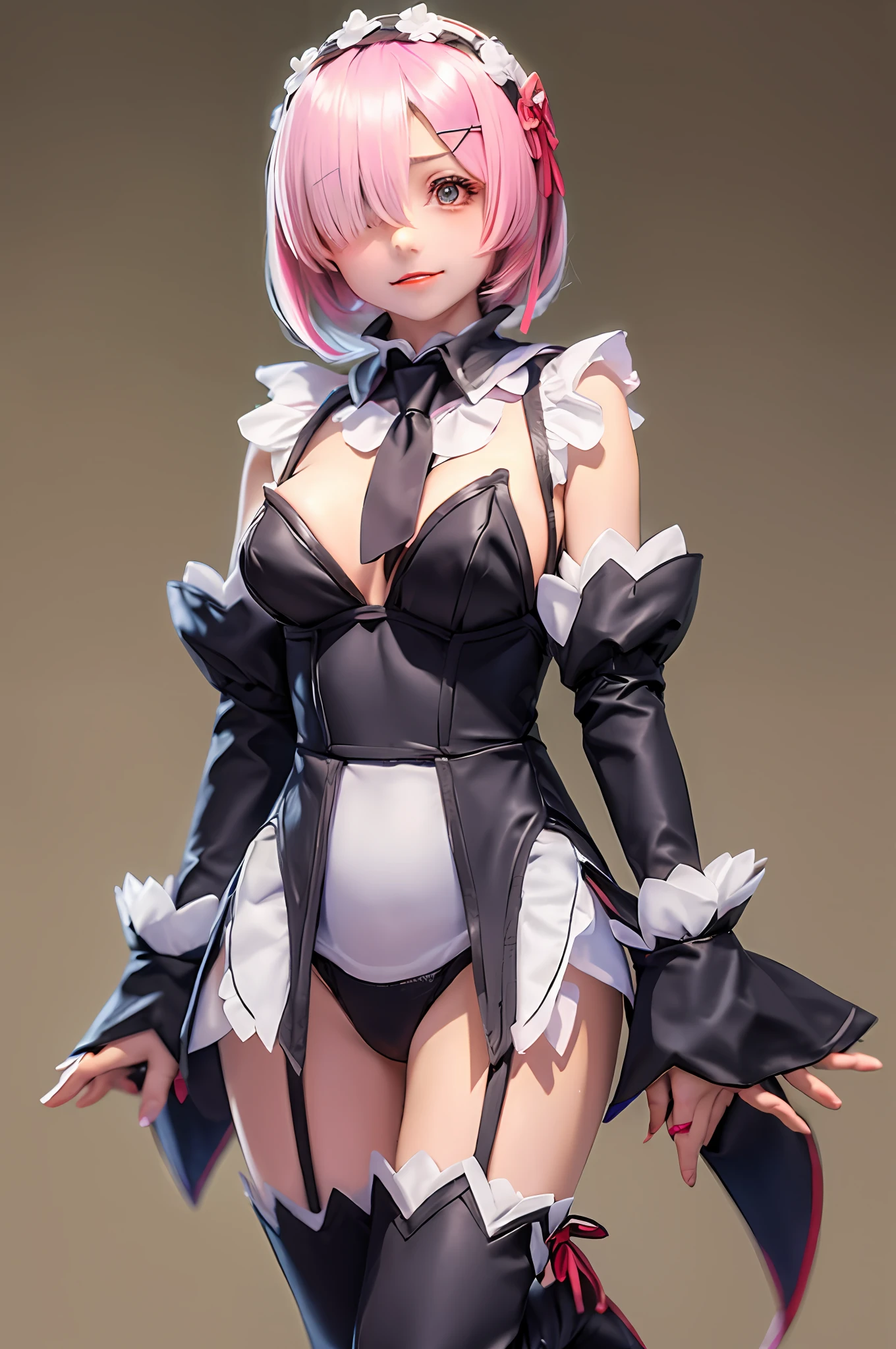 masterpiece, top-quality, Hi-Res, (((((((Evil Fall))))))), (((((Leotard))))), (((Witchblade))), (Hollow eyes), (((Colossal tits))), (((neck tie))), Ram, ((Enamel material)), ((Glossy material)), 1girl in, 独奏, (((Standing picture))),Ram(Re:Life in another world starting from scratch), A pink-haired, white thighhig, (((short-hair))), red eyes, Hair above one eye, ((frilld)), ((garter strap)), deadpan,full-body view