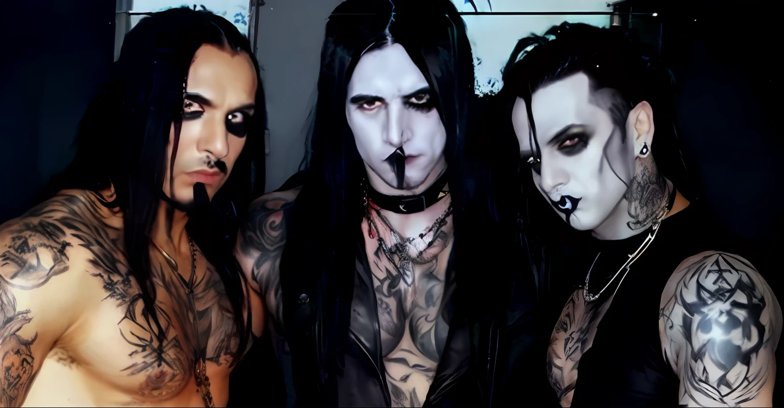 Three men with tattoos and makeup posing for a photo, Gothcore, Black Metal, corpse paint, com pintura facial de metal preto, Skinless head, black metal rococo, banda de Black Metal cyberpunk, Black Metal Aesthetics, pintura facial de metal preto, demente, Goth Asthetics, com olhos esclerais pretos, Marilyn Manson, estilo Black Metal, Marduk