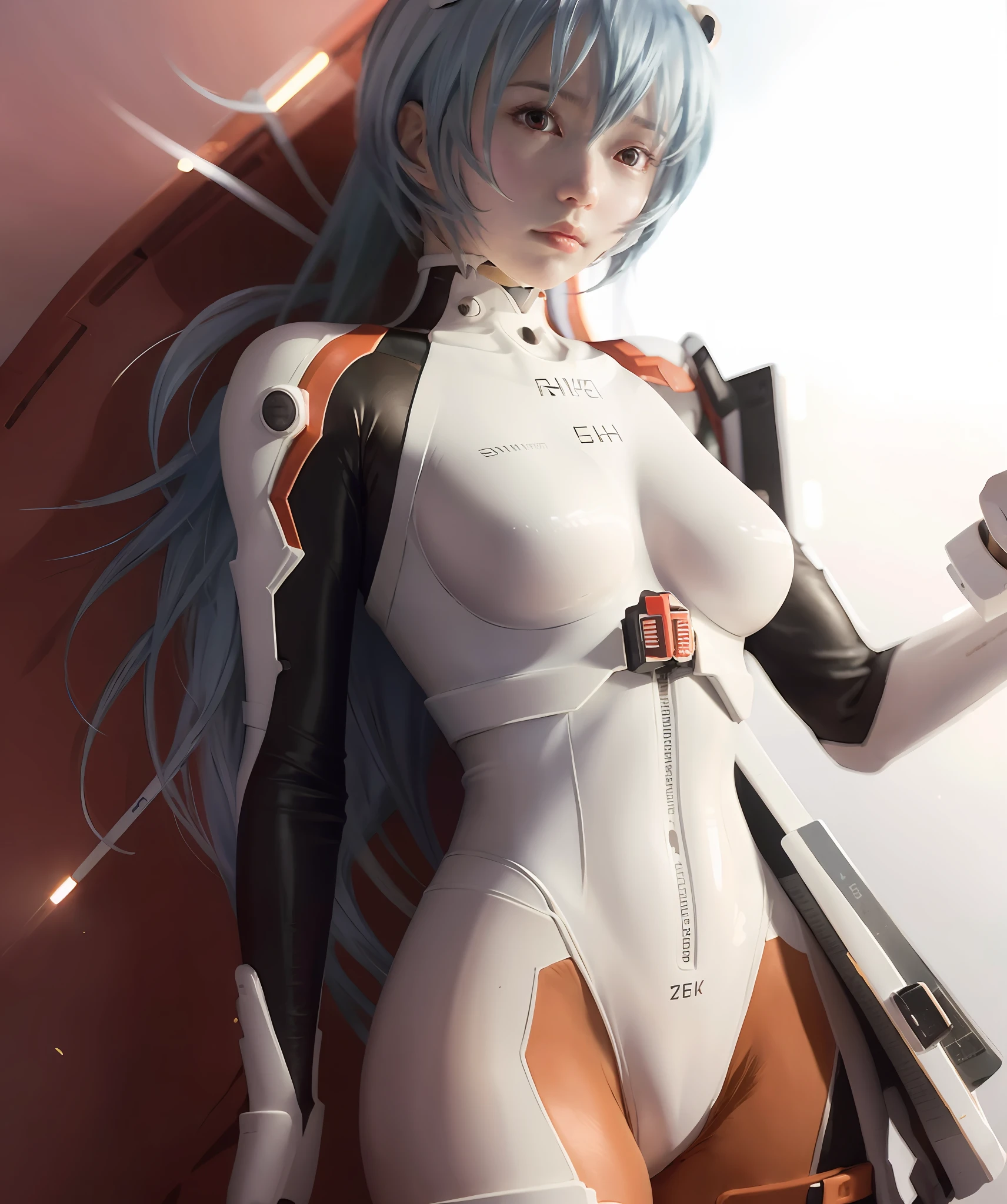 (8k, best qualtiy, tmasterpiece:1.2),k hd,tmasterpiece,hyper-detailing,独奏,1girll,(white backgrounid:1.5),(Elaborate Eyes),((whaite hair)),Manteau, 1girll, star_\(Skysky\), short_hair, starry_sky, tightsuit, ayanami_rei, 独奏, night_sky, red_eyes, red_Background with, boobgasm, white_bodysuit, pilot_suit, lance_of_longinus, By bangs, light_particles, ((Triangular psychosensory devices on both sides of the head)), souryuu_asuka_langley, taut_clothes, Huge chest, bokeh, Mechanical-like clothing, Small logo pattern on chest zero, red color eyes,tentacles wrapping around the body,Covered in white liquid