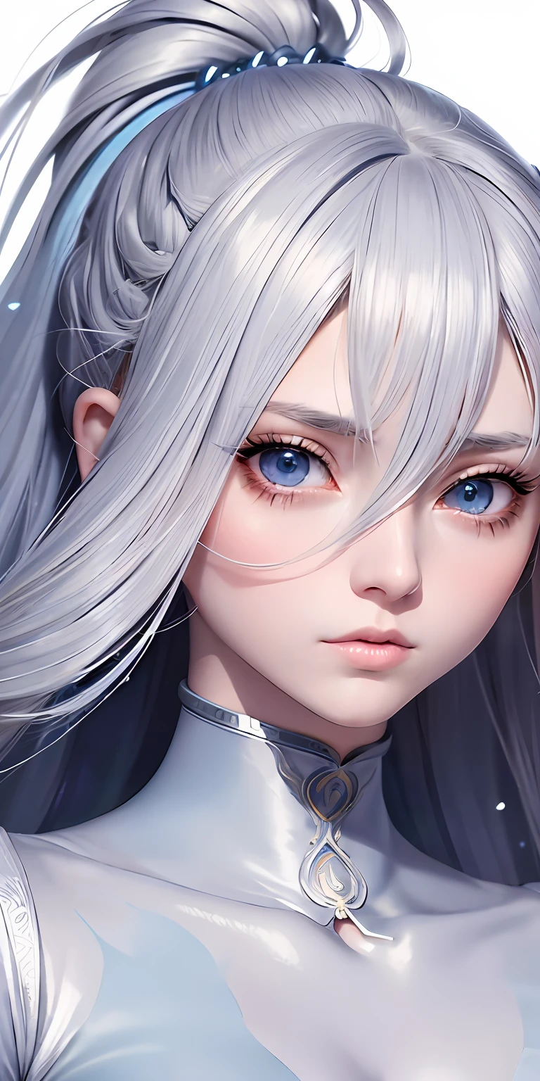 anime styled、One Person18Beautiful woman of age、Moisturized eyes、ciri、a picture、androgynous hunnuman、oval jaw、Delicate features、Beautiful expression、The hair、Long bangs、long pony tail、Blue eyes with a beautiful glow、LDS Art