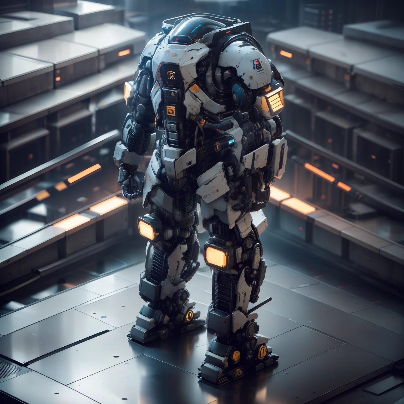 "robot, ultra detalhado, full body, cores vibrantes ,isometric view, vista perspectiva, full body, raios cinza e fogo, moderno e futurista.", fundo cinza desfocado, isometric view, vista perspectiva, full body