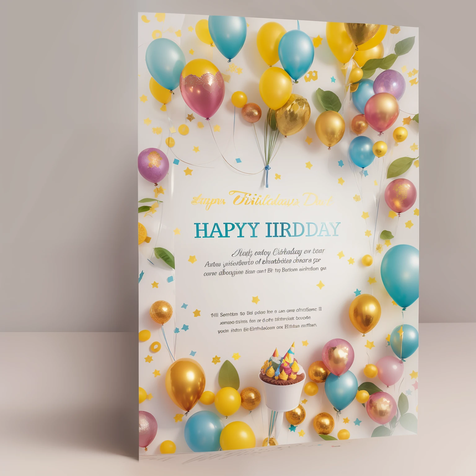 Brochure for an invitation to celebrate a birthday in our celebration company, Parties & Quests, A4, close-up view