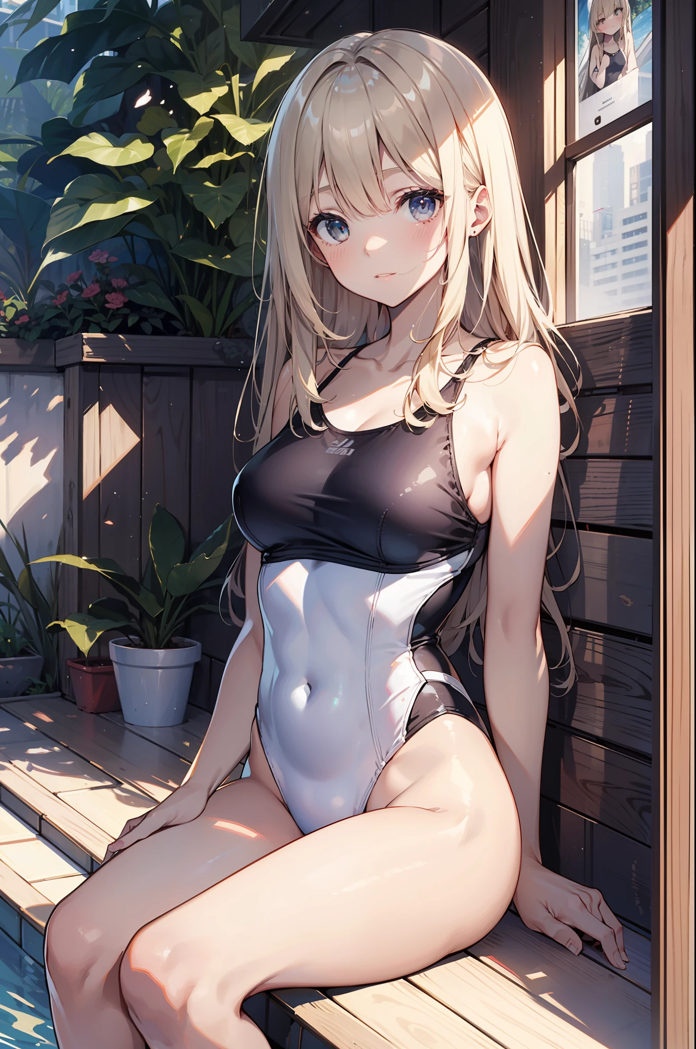 high-level image quality、top-quality、Detailed drawing、Does not blush cheeks、Slender beauty、Docile、White swimsuit、Small eyes、Smaller chest、a blond、Petanko sitting、Sister sitting、Inner thigh-sitting